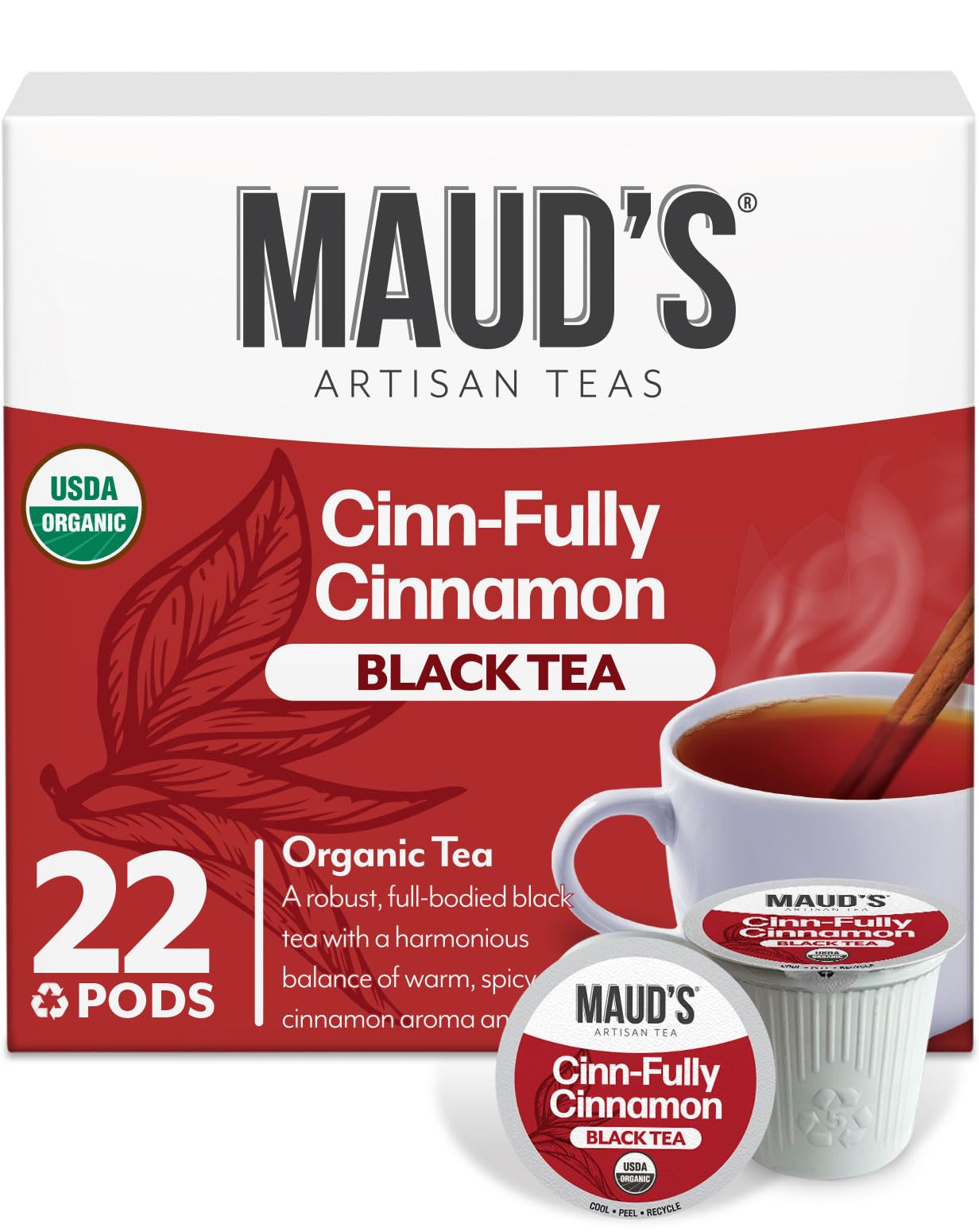 Mauds Cinnamon Organic Black Tea Pods  22ct | Cinn-Fully Cinnamon Tea | Hot Cinnamon Spice Tea | Solar Energy Produced Recyclable Single Serve Tea Pods Compatible with Keurig K-Cup malt-inspired