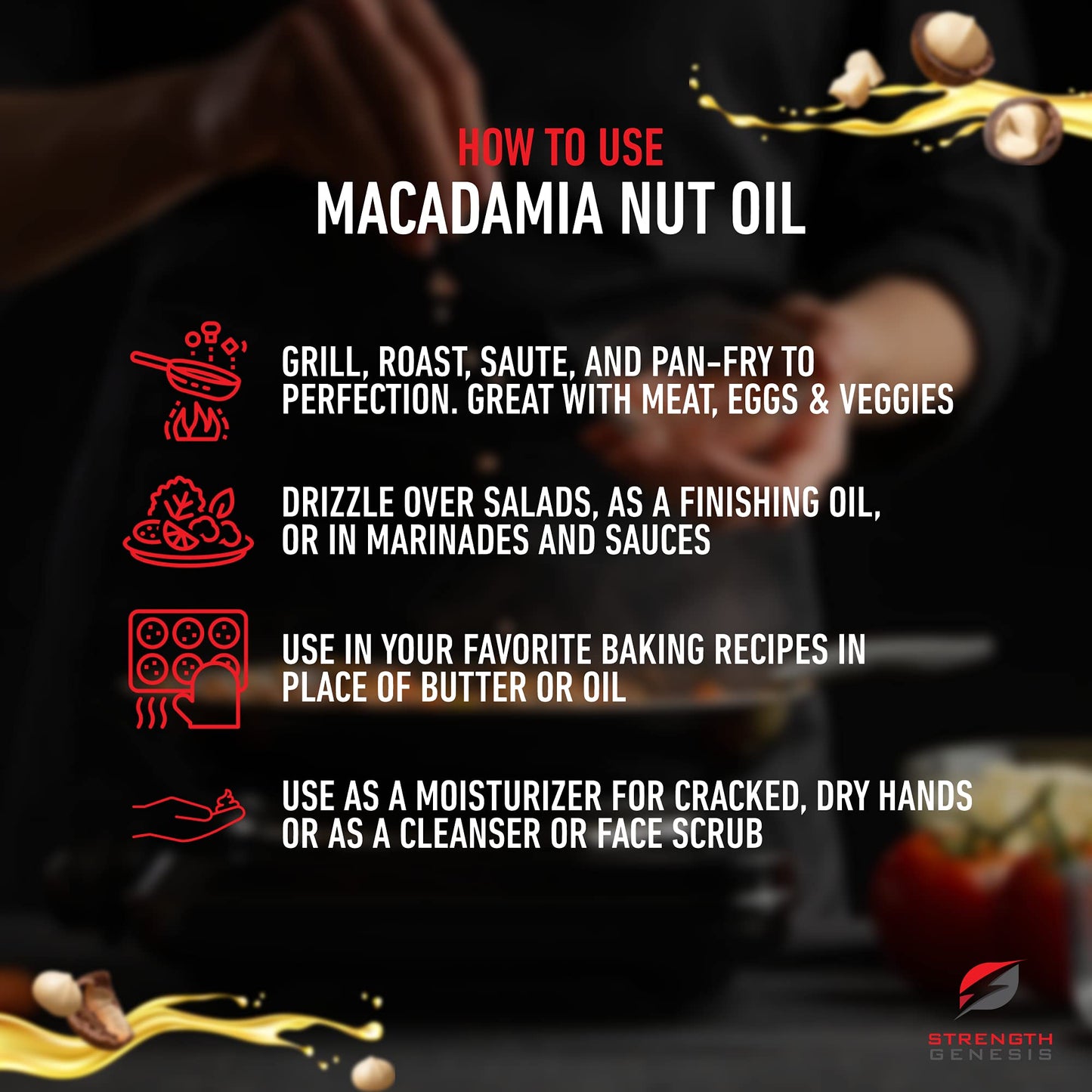 Strength Genesis Cold-Pressed Macadamia Nut Oil, 500ml Bottle, Ideal for Cooking