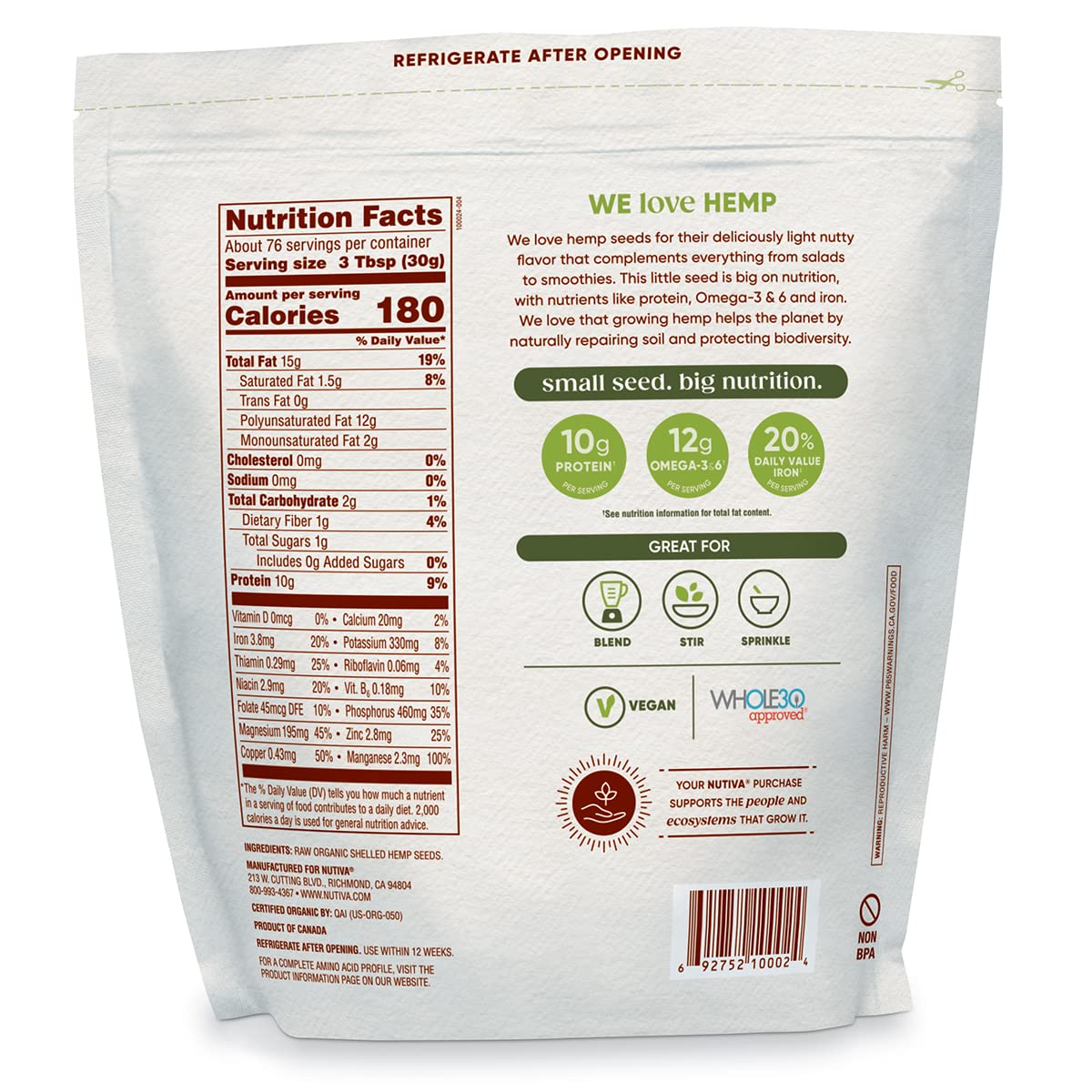 Nutiva Organic Raw Shelled Hemp Seed, Non-GMO, Vegan, Gluten-Free, 48 Ounce, Whole 30 Approved, 10g Protein, 12g Omegas