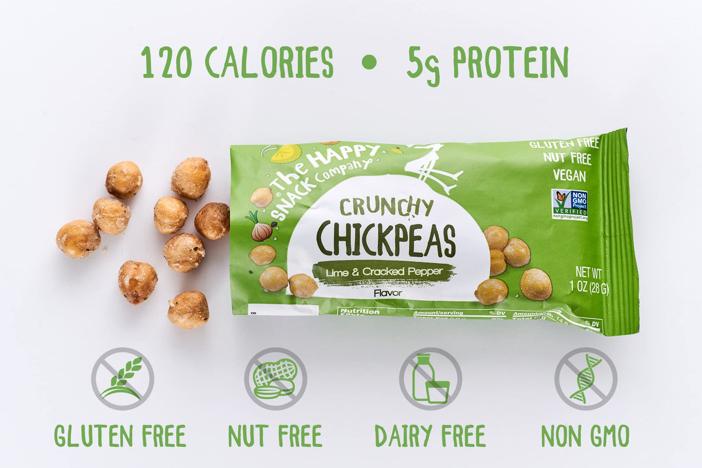 The Happy Snack Company Crunchy Chickpeas Lime & Cracked Pepper 24 X 1 Oz. 5G Plant Based Protein & 120 Cals. Gluten,Nut & Dairy