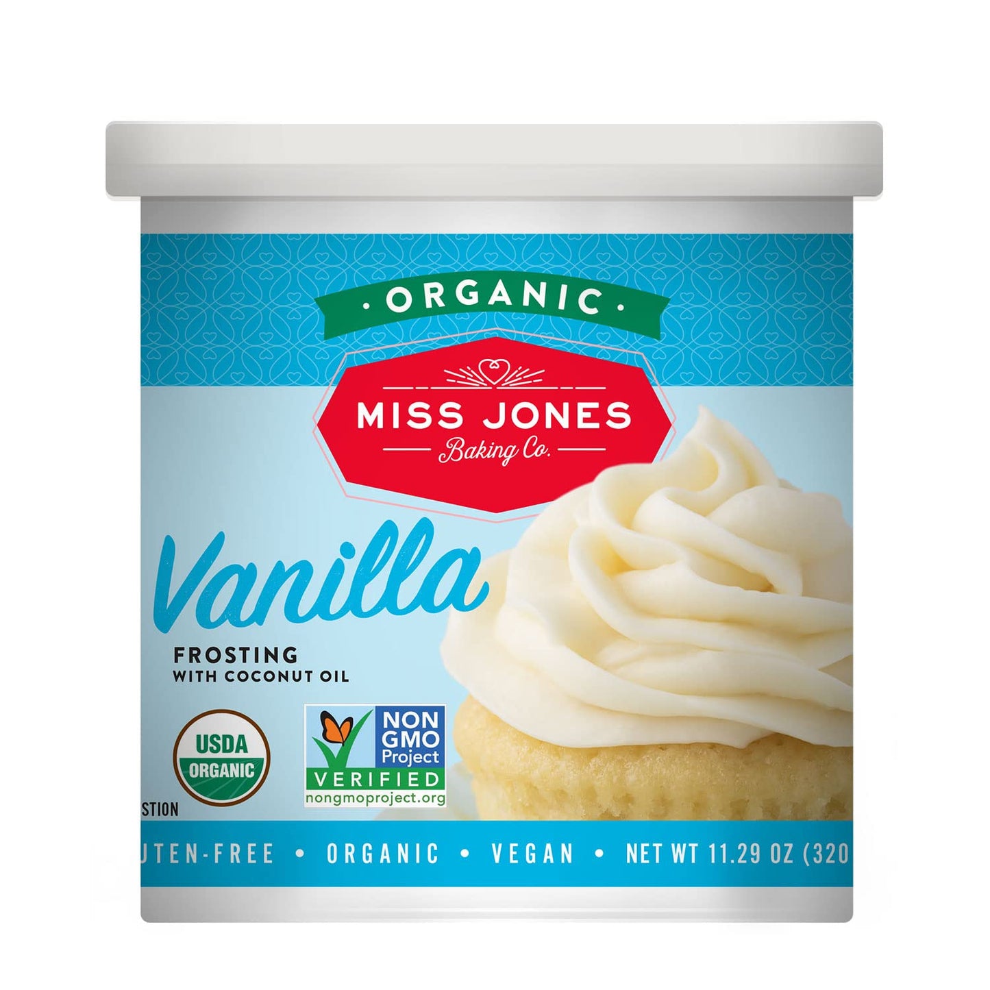 Miss Jones Baking Organic Buttercream Frosting, Vegan-Friendly, Vanilla, 11.29 Ounce, Pack of 1, Cyan/White