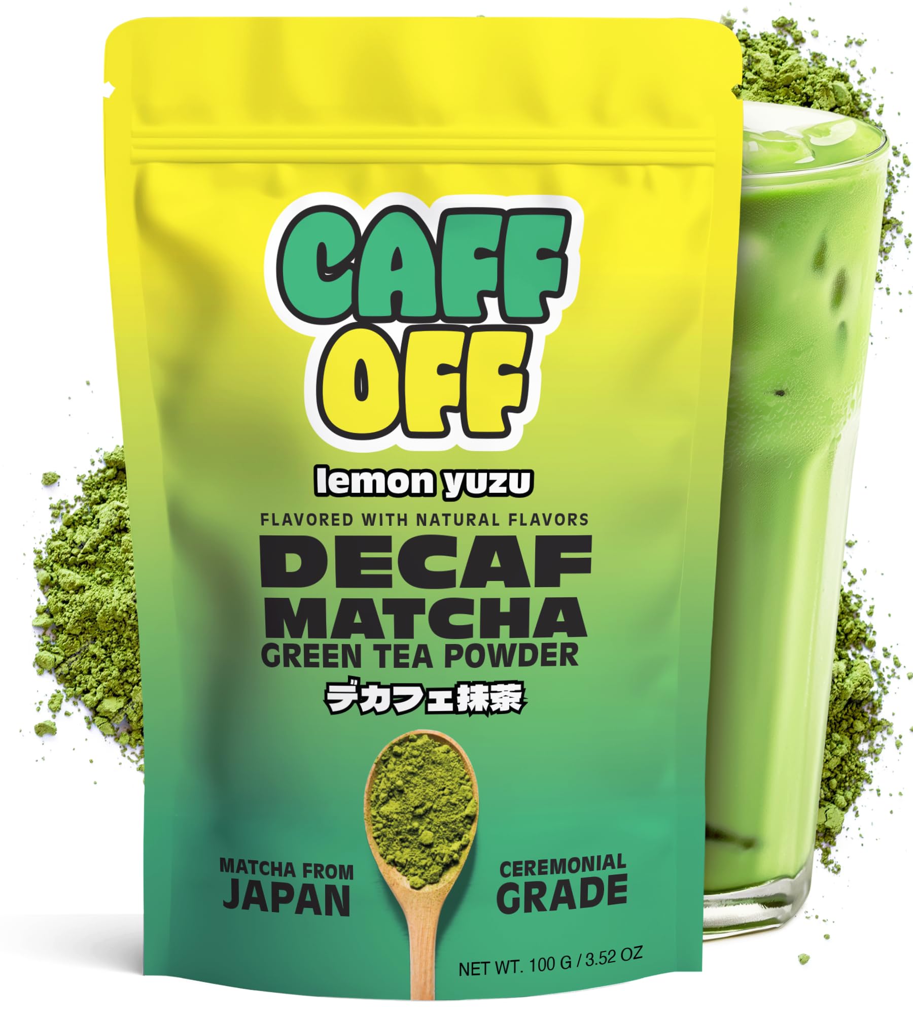 Caff Off Decaf Lemon Matcha Green Tea Powder – Ceremonial Grade – 100 g – Sugar-Free – Naturally Decaffeinated – No Fillers