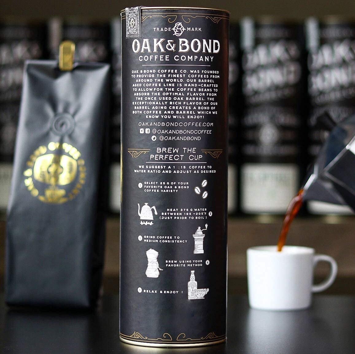 OAK & BOND Whole Coffee Bean, Medium Roast, Cocoa & Almond Notes, 10oz, Black