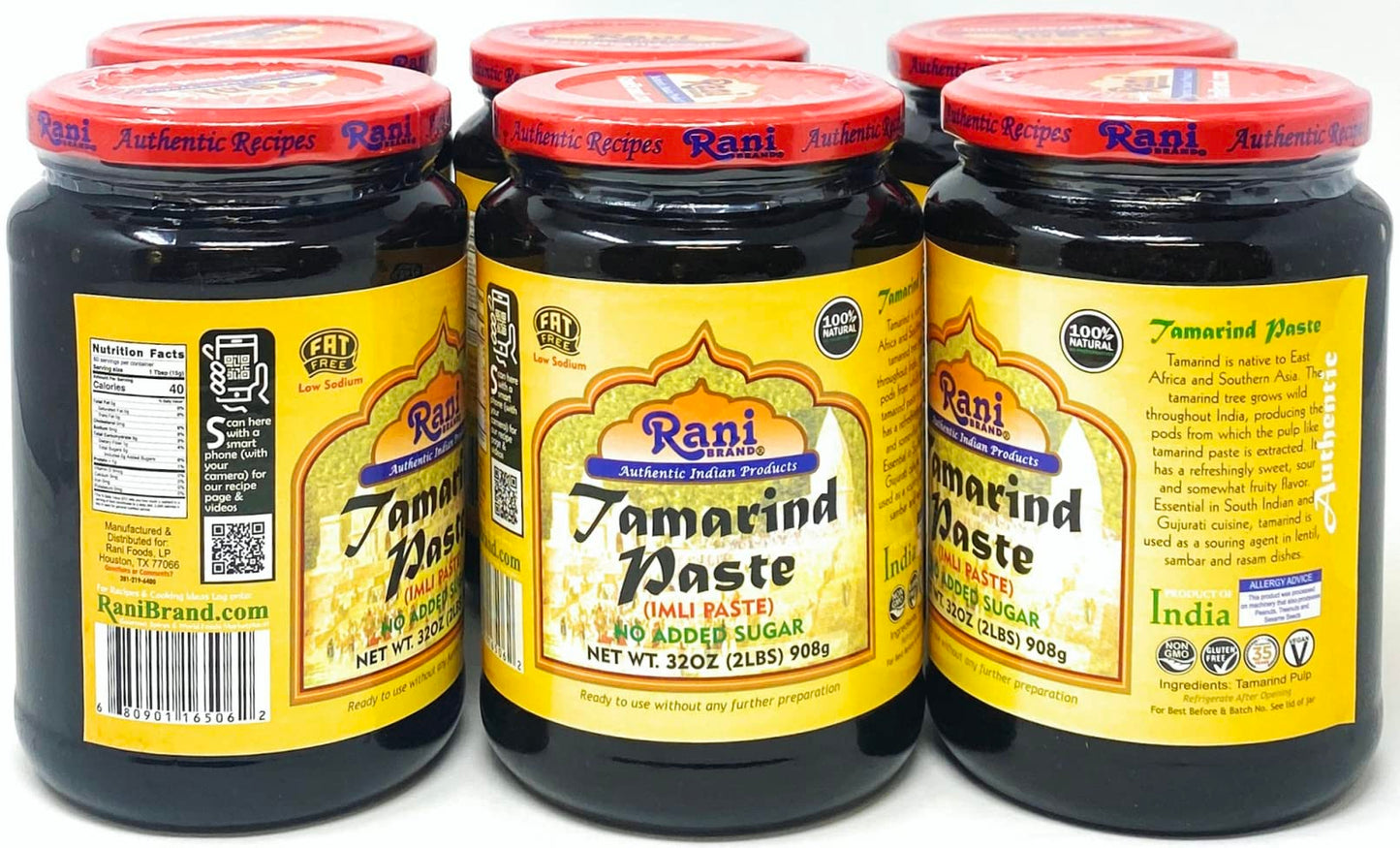 Rani Tamarind Paste Puree (Imli) 32oz (2lbs) 908g Bulk Glass Jar, No added sugar, Pack of 5+1 FREE ~ All Natural | Vegan | Glute