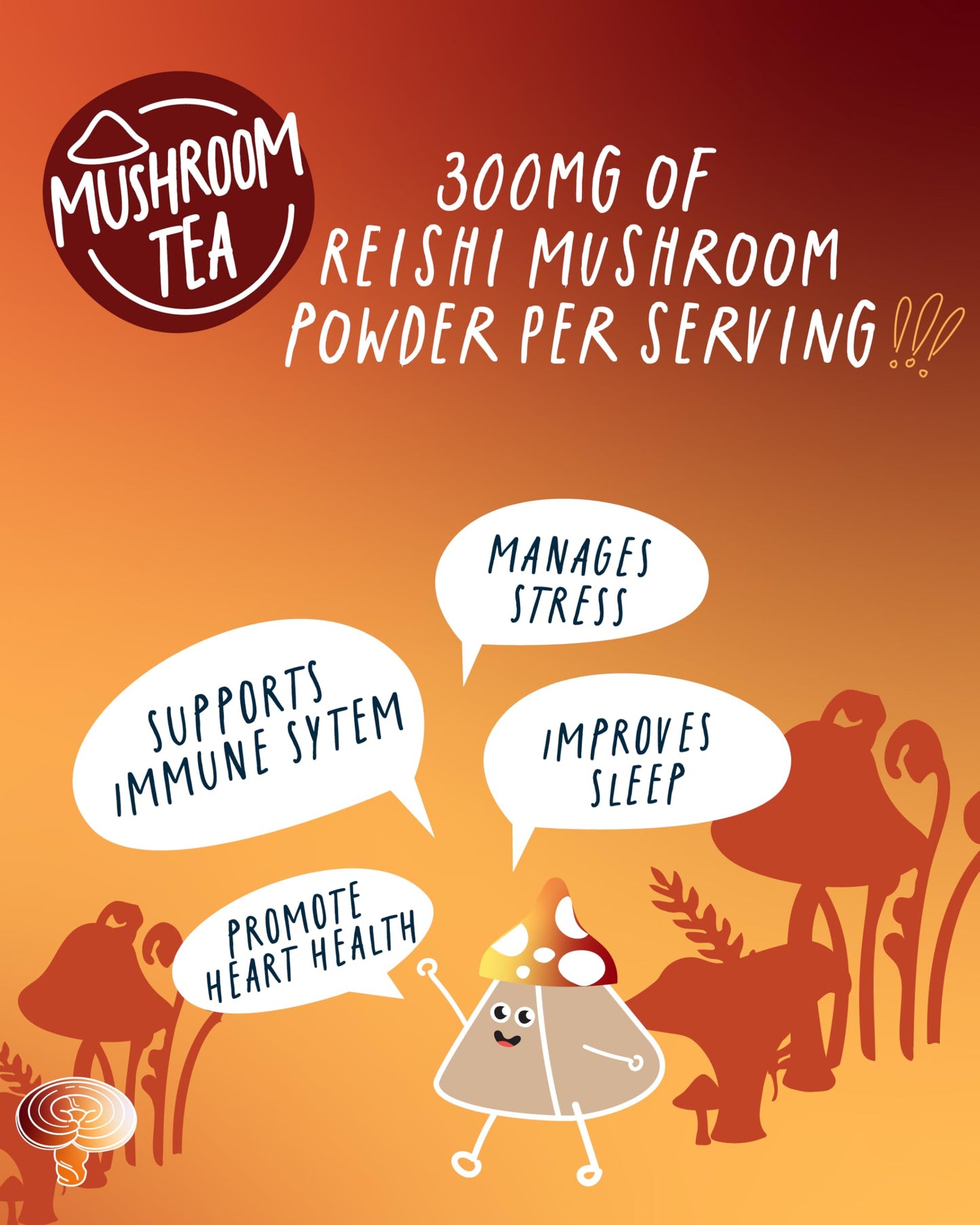 Kubo Tea High Caffeine Mushroom Tea Bags - Organic Reishi Blend for Energy & Focus, 20 Ct, Compostable Packaging