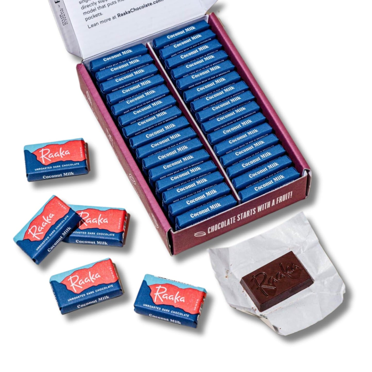Raaka Coconut Milk Chocolate Gift Box | 60% Cacao Vegan Milk Chocolate | Organic, Vegan, Gluten Free | Box of 30 Individually Wr