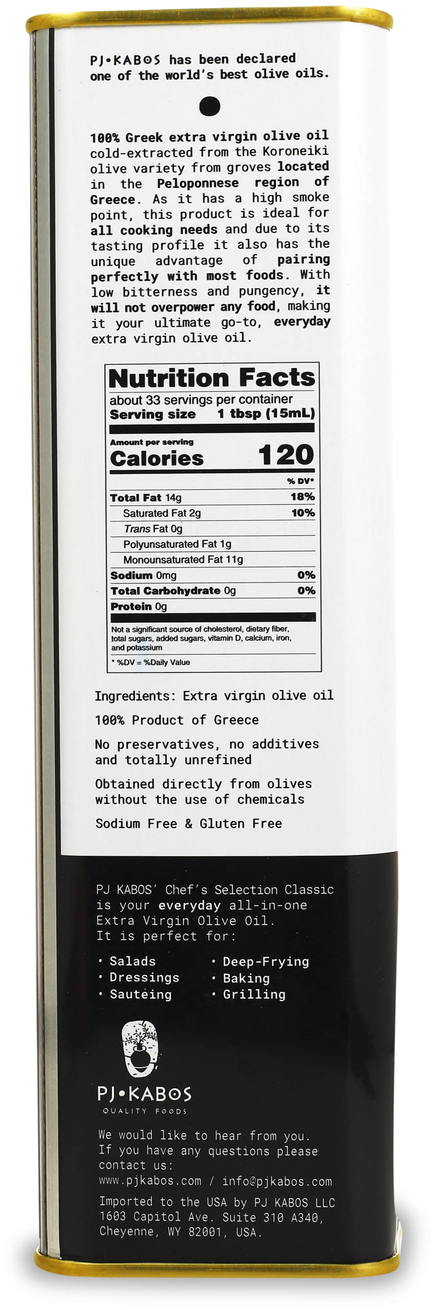 P.J. KABOS Greek Extra Virgin Olive Oil, Cold Extracted, 16.9 oz Tin, 3-Pack
