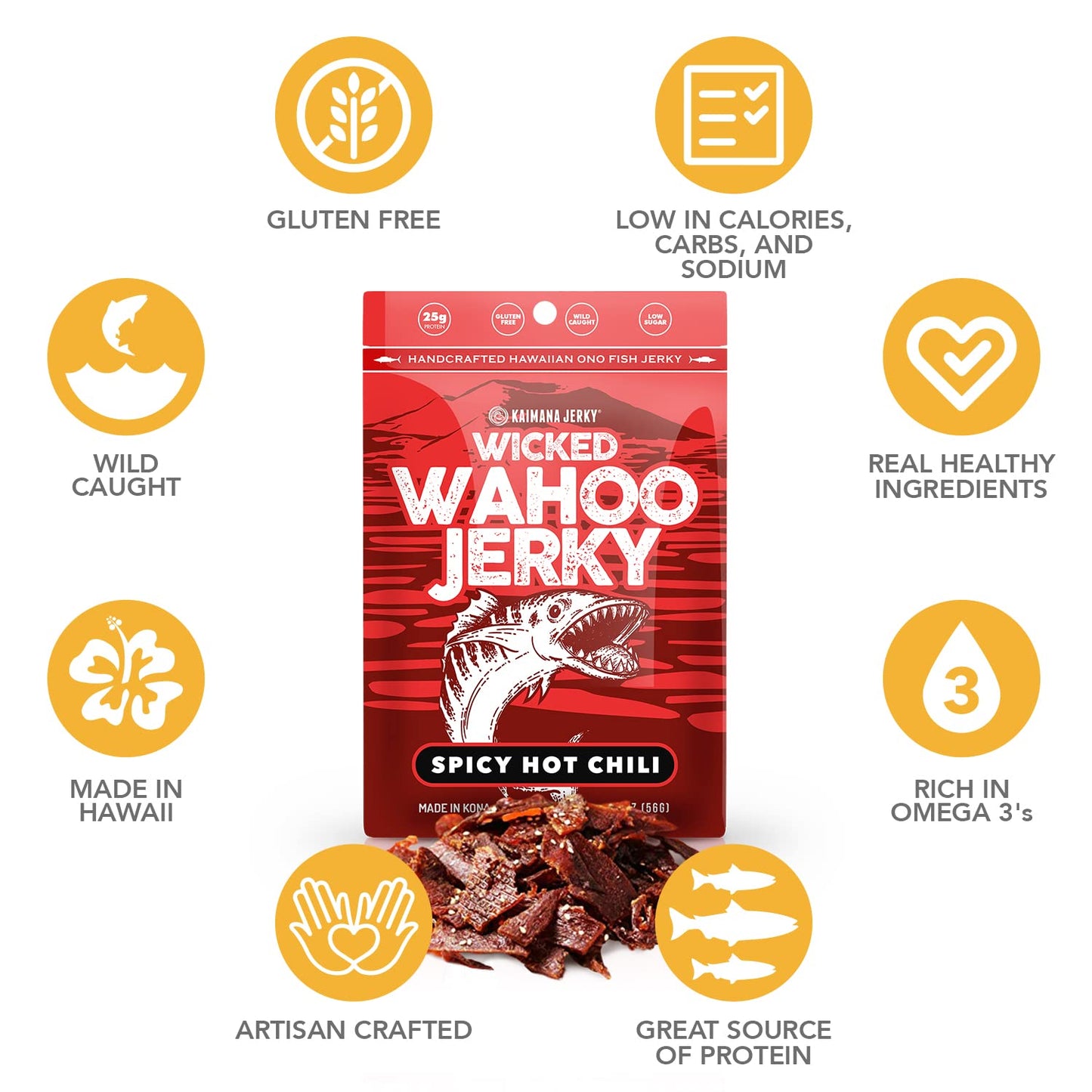 Kaimana Jerky Spicy Chili Wahoo Ono Fish Jerky - Organic Smoked, Low-Calorie, 2oz (Pack of 3)