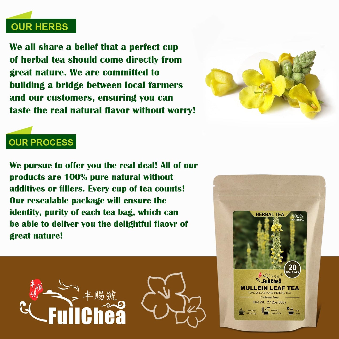 FullChea Mullein Leaf Tea Bags - 20 Non-GMO Caffeine-free Herbal Teabags, 3g Each, Natural Healthy Tea