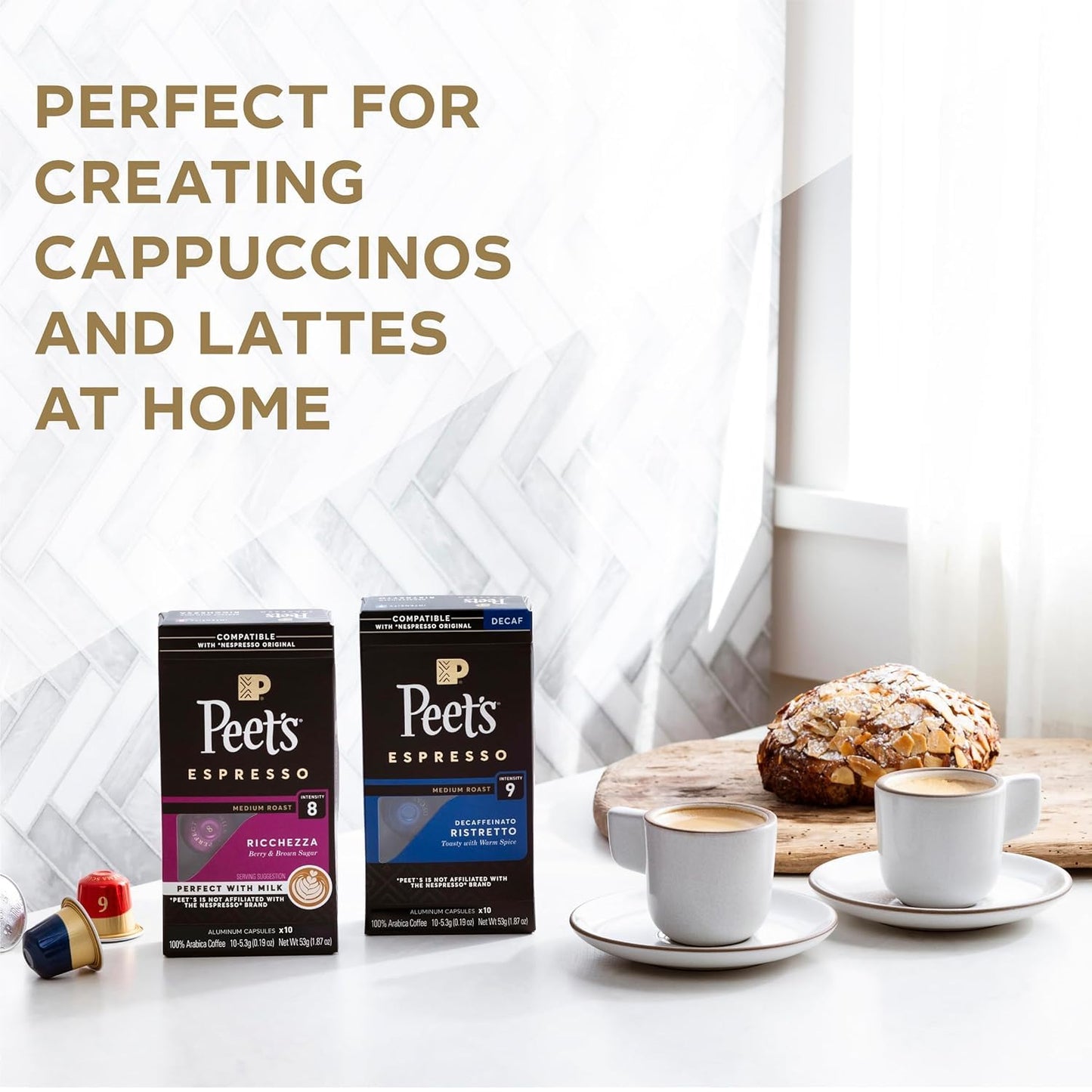 Peets Coffee Medium Roast Espresso compact pieces, Compatible with Nespresso, Big Bang Intensity 9, 50 Count (5 Boxes of 10)
