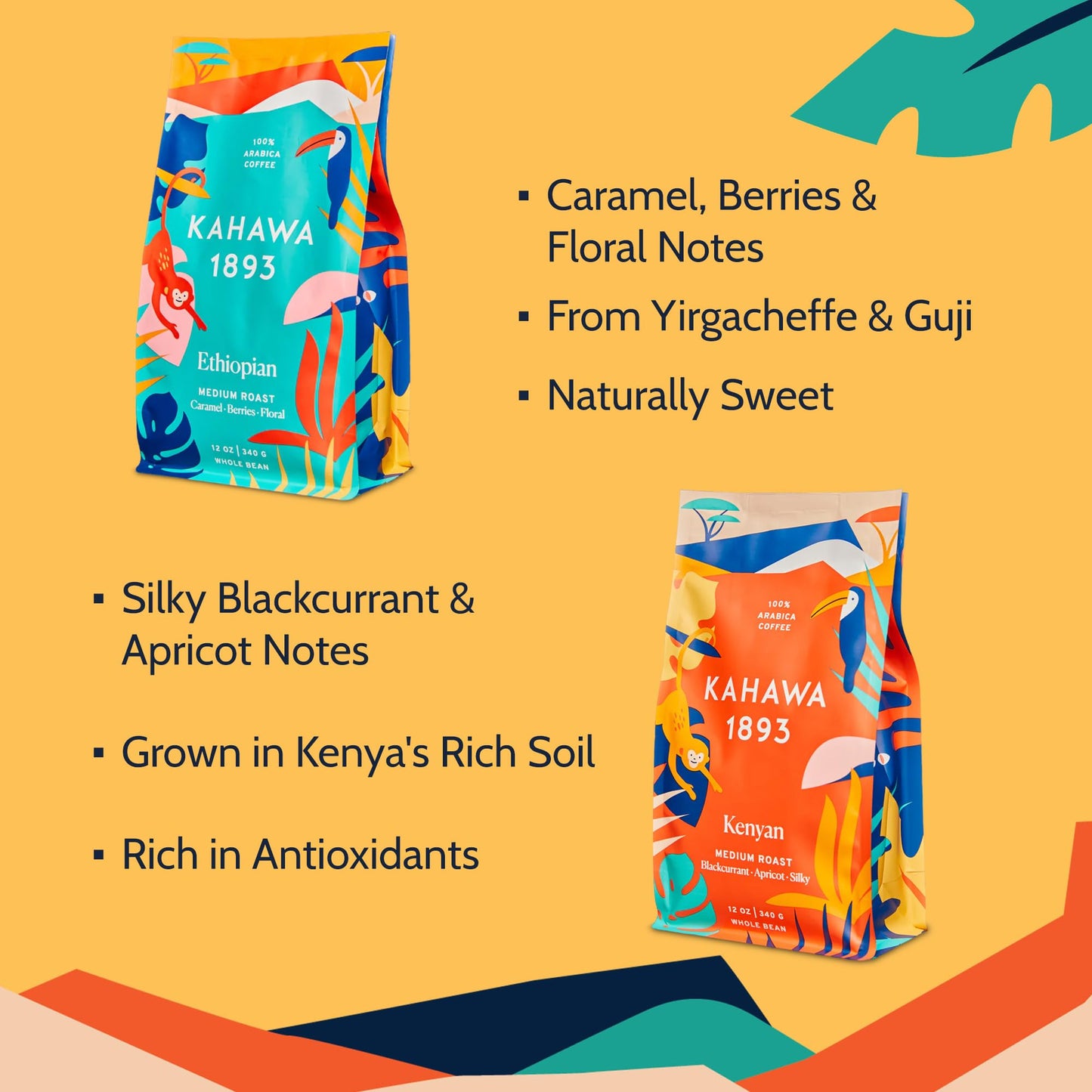 KAHAWA 1893 Whole Bean Coffee Combo Pack - Kenyan & Ethiopian Blend, 12 Oz (Pack of 2) - Naturally Sweet, Organically Grown