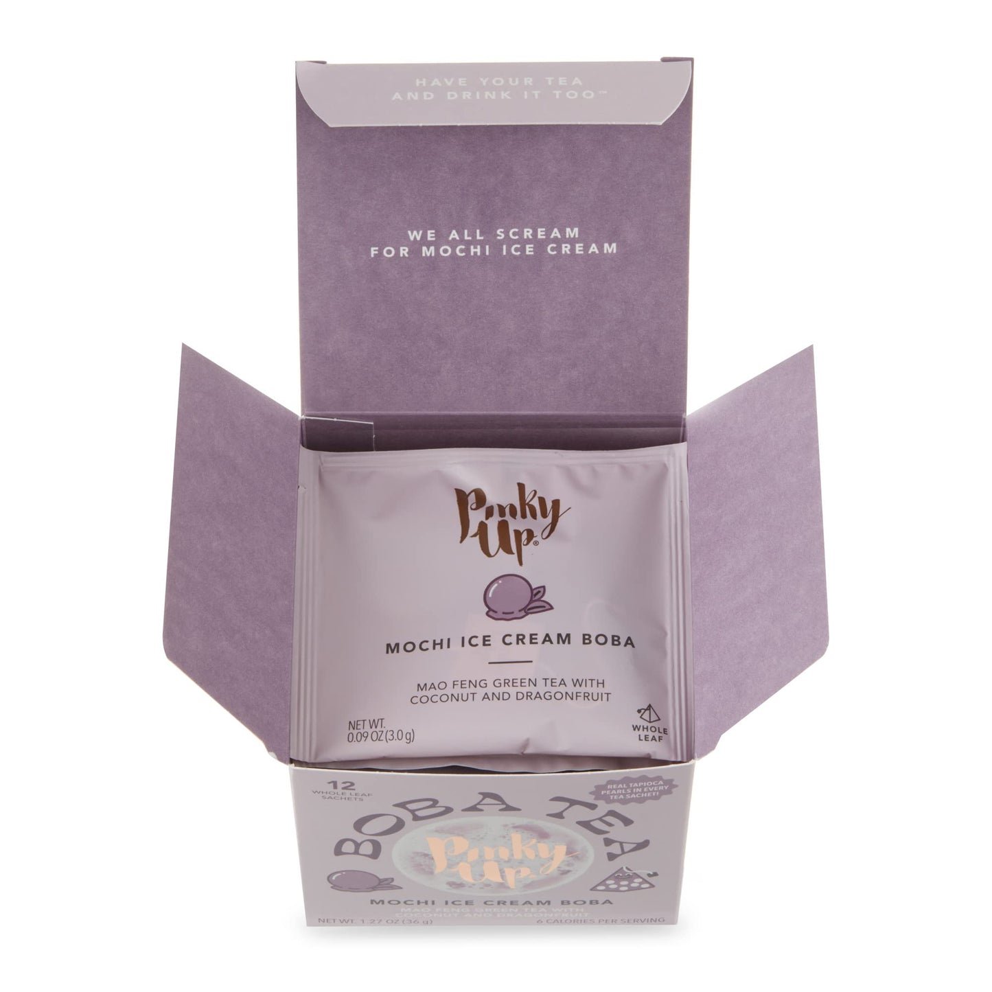 Pinky Up Mochi Ice Cream Boba Tea Sachets - Low Calorie Whole Leaf Green Tea Bubble Tea - Boba Gift 12 Biodegradable Tea Bags
