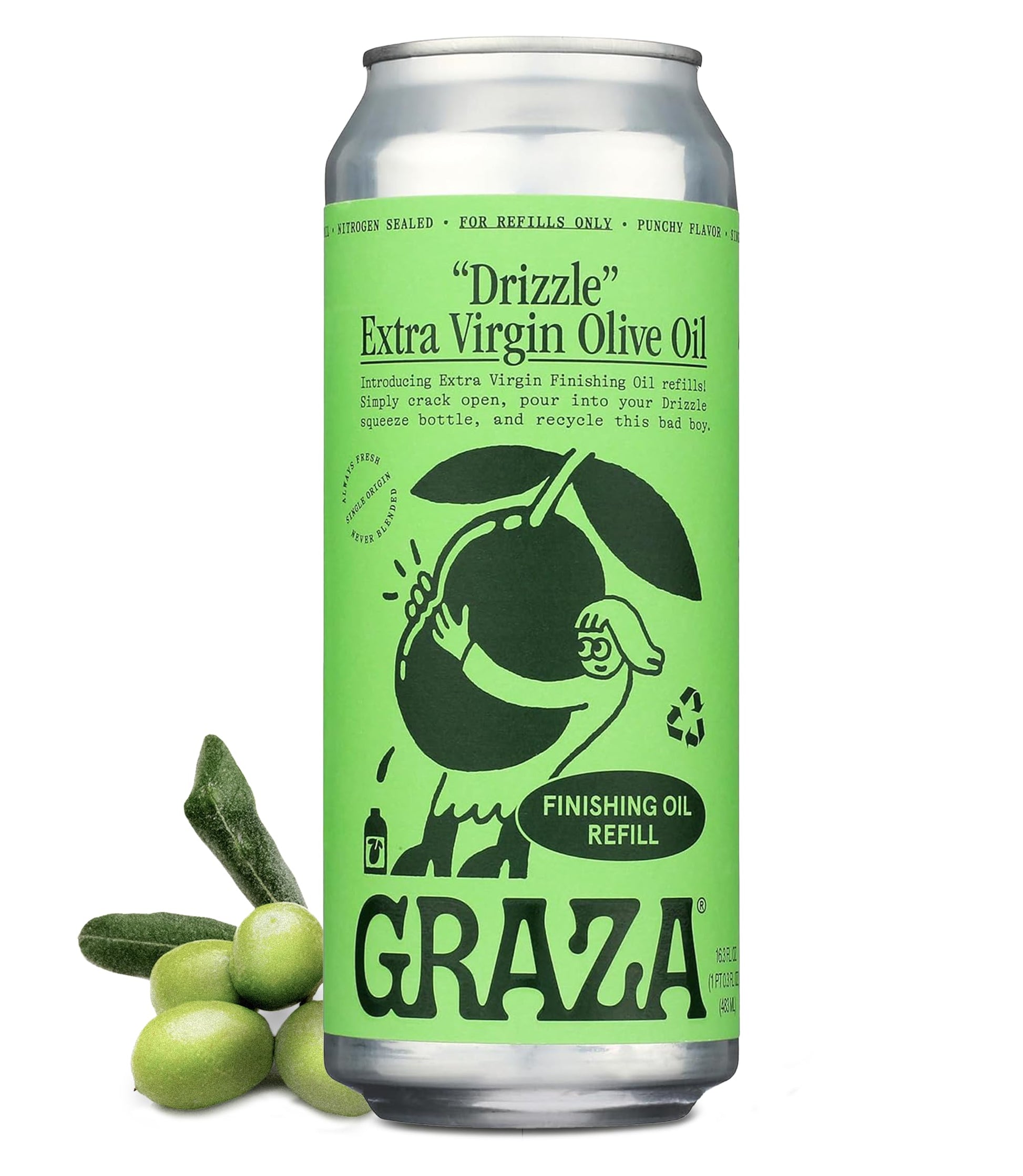 Graza Extra Virgin Olive Oil, High Polyphenol Finishing Oil, 16.9 Fl Oz Refill Can, Single Farm Olives from Spain