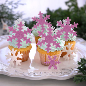 Gyufise 50Pcs Purple Edible Cupcake Toppers Snowflakes Cake Toppers Snowflakes Cake Decoration Winter Frozen Birthday Party Supp