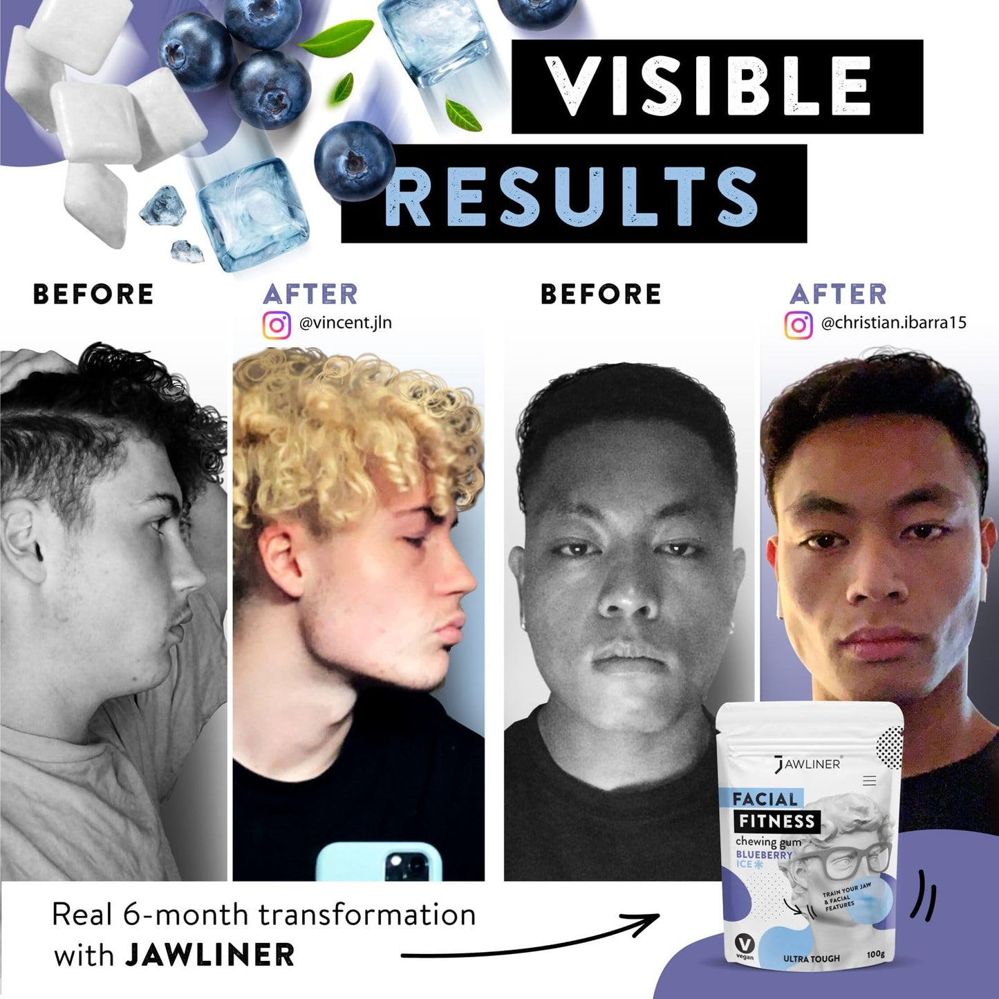 Jawliner Fitness Chewing Gum (2 Months Pack) Jawline Gum- Sugar Free Blueberry Gum- Jawline Exerciser For Mewing And Shapen The