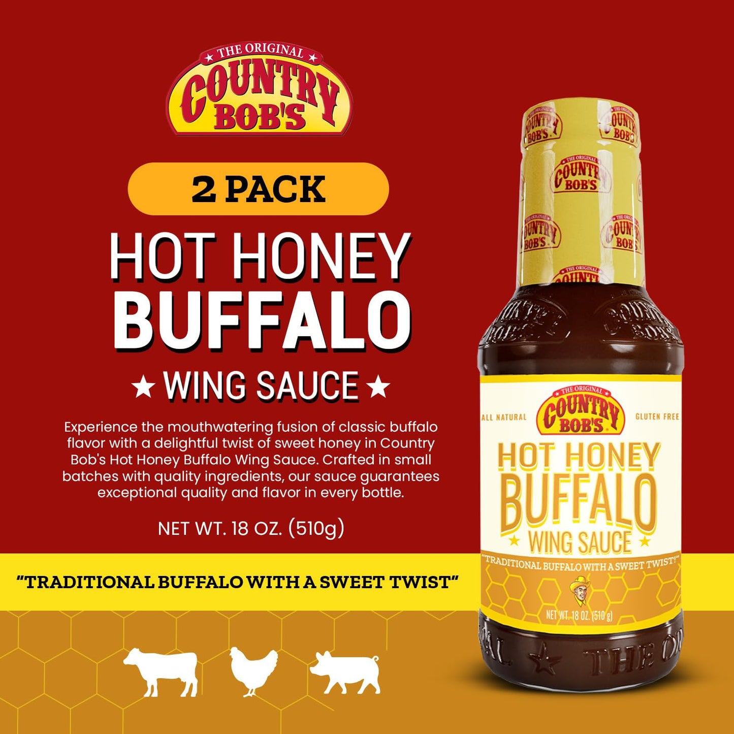 Country Bob'S Hot Honey Buffalo Wing Sauce - Traditional Buffalo With Sweet Twist, Small Batch, Ideal For Grilling, Frying, Baki