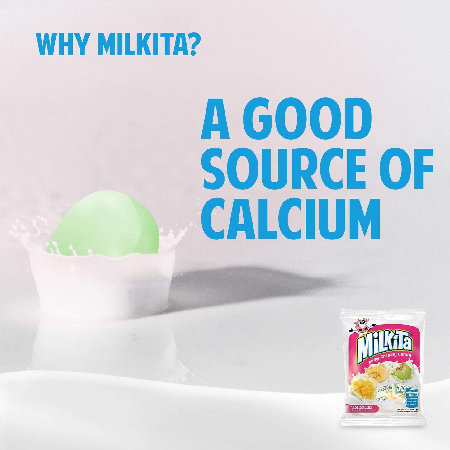 Milkita Creamy Shake Candy Bag, Gluten Free Chewy Candies With Calcium & Real Milk, Zero Trans Fat, Low-Sugar, Tropical Flavors (Banana, Honeydew, Mango), 25 Pcs