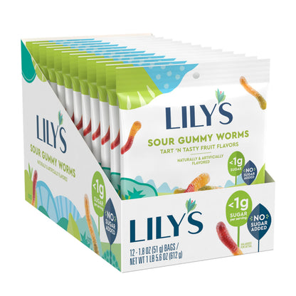LILYS Assorted Fruit Flavored No Sugar Added, Sour Gummy Worms Bags, 1.8 oz (12 Count)