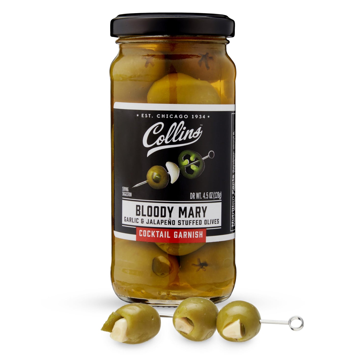 Collins Jalapeno Garlic Stuffed Cocktail Olives, Gourmet Martini Garnish, 4.5 oz, Model 6128