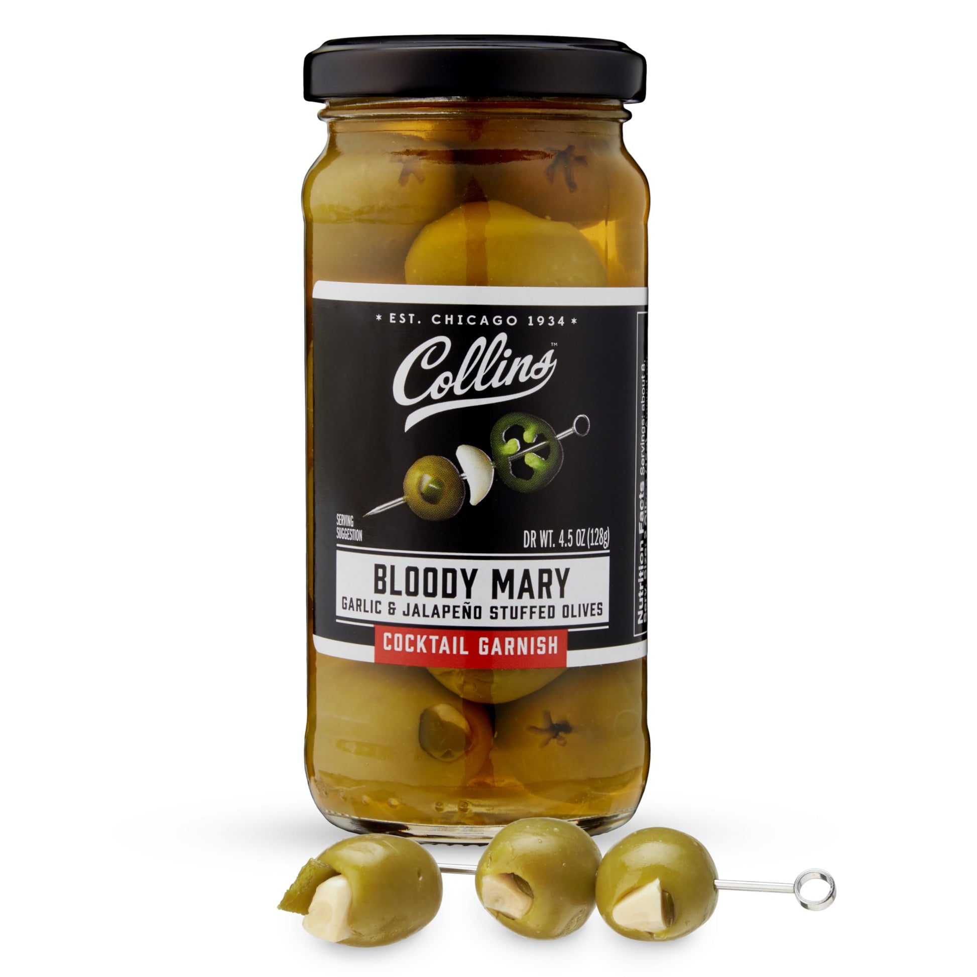 Collins Jalapeno Garlic Stuffed Cocktail Olives, Gourmet Martini Garnish, 4.5 oz, Model 6128