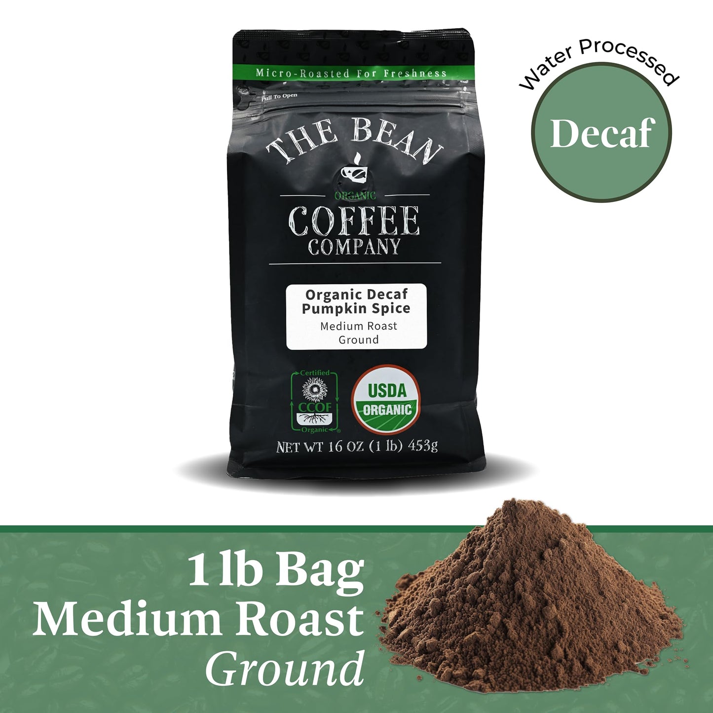 The Bean Organic Coffee Company Water Processed Decaf Pumpkin Spice, Medium Roast, Ground Coffee, 16-Ounce Bag, Café Molido Tostado Orgánico Descafeinado