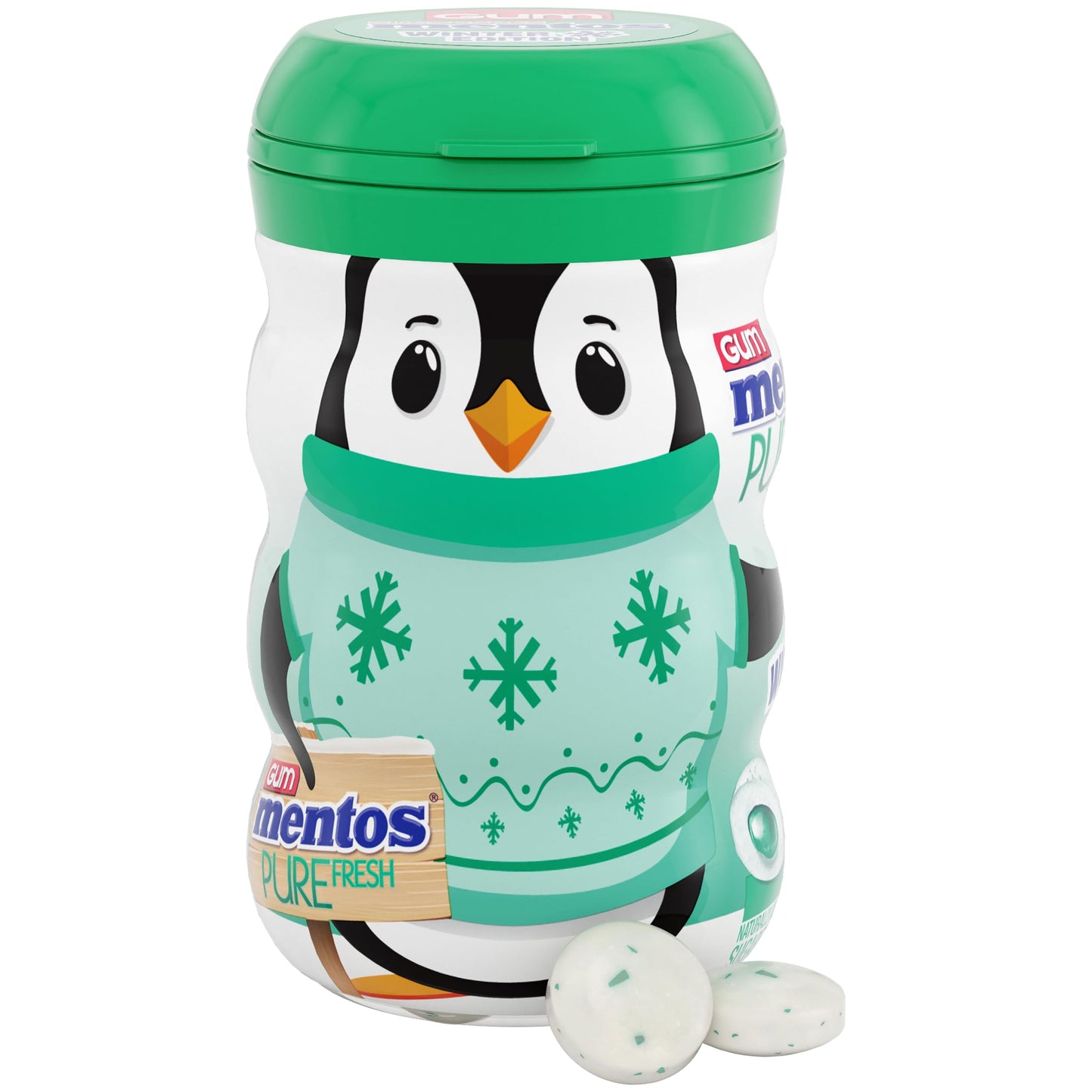 Mentos Pure Fresh Sugar-Free Chewing Gum, Spearmint Flavor, 50 Count (Pack of 4), Holiday Penguin Bottle