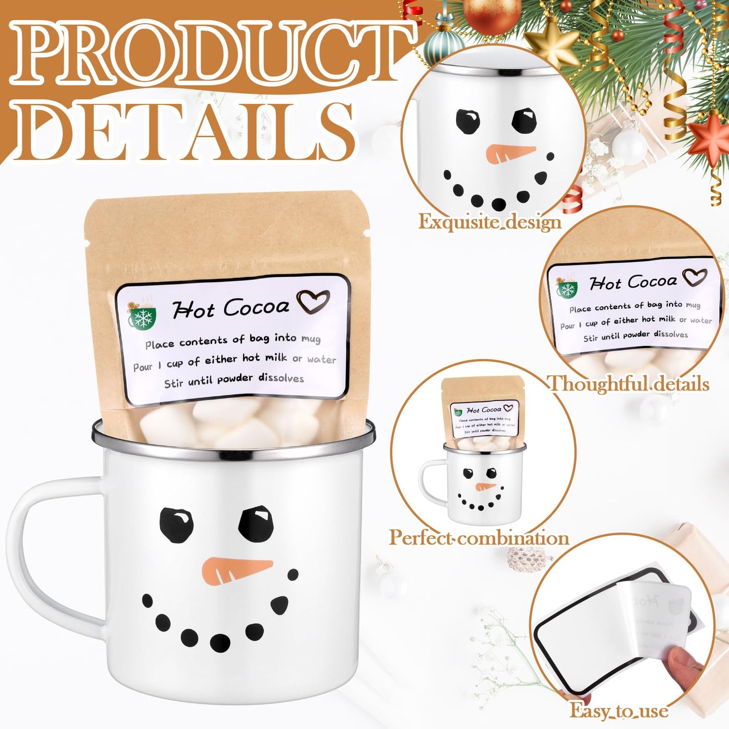 Vesici 6 Set Christmas Hot Cocoa Gift Sets with Mug Includes Snowman Enamel Cup Mini Kraft Paper Pouches and Labels Stickers for