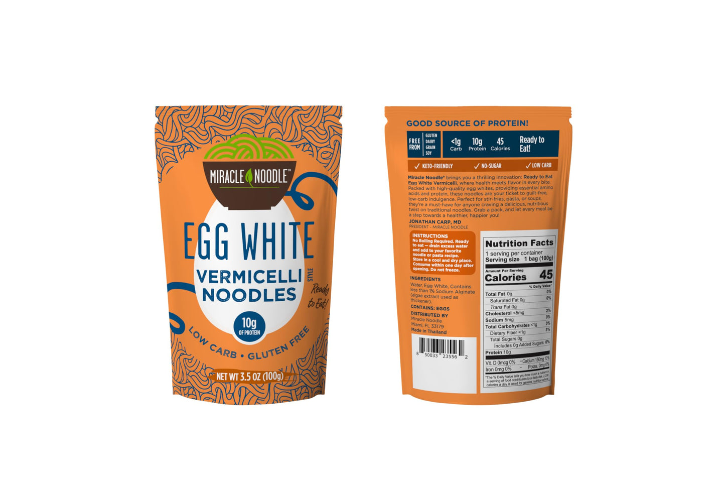 Miracle Noodle High Protein Egg White Noodles - Spaghetti & Vermicelli Variety Pack - Low Carb & Low Calorie - Ready to Eat - 3.