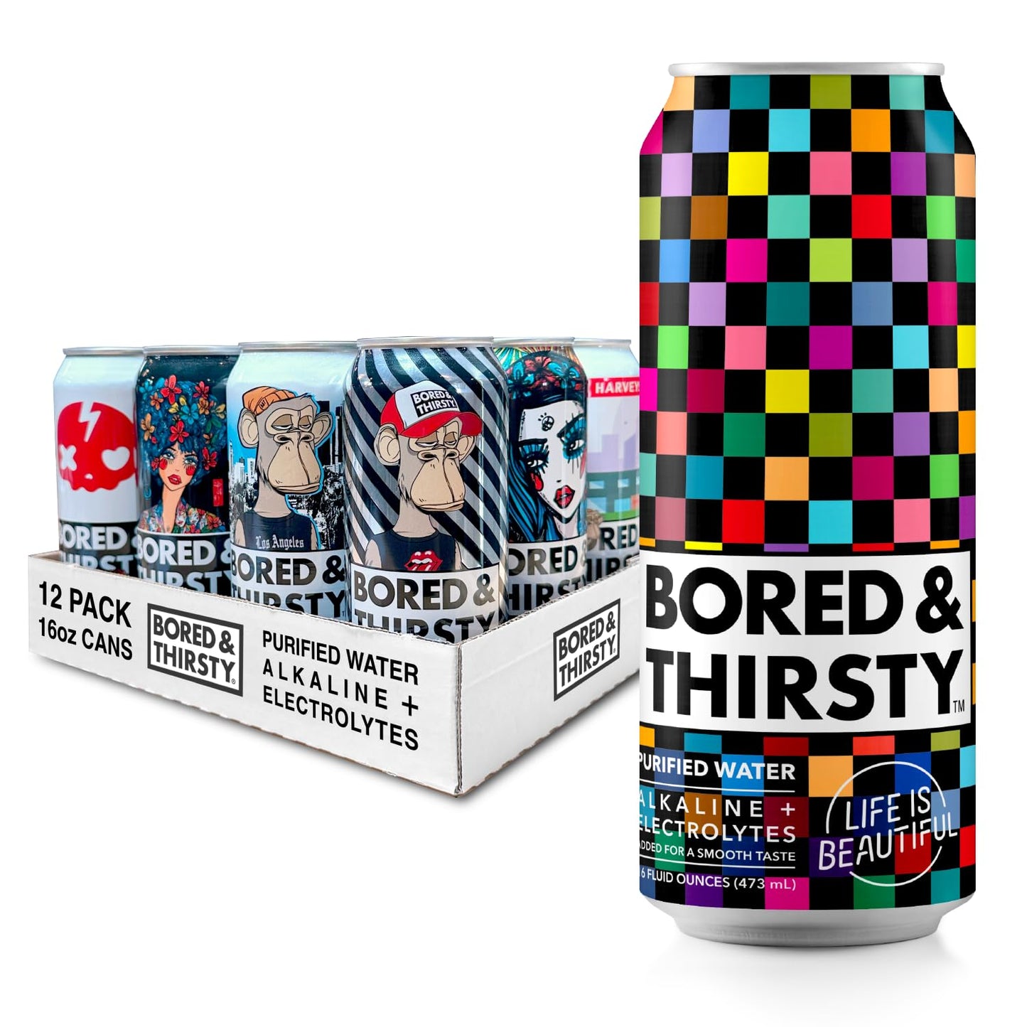 Bored & Thirsty Supreme Water with Electrolytes, 16 Fl Oz, 12 Pack, 100% Recyclable Aluminum Cans, Limited Edition Can Art
