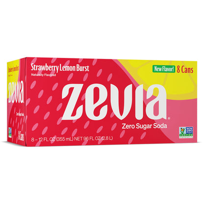 Zevia Zero Sugar Soda, Strawberry Lemon Burst, 12 oz Cans (8-Pack) - Naturally Sweetened, Zero Calorie Sugar Free Soda - Non-GMO