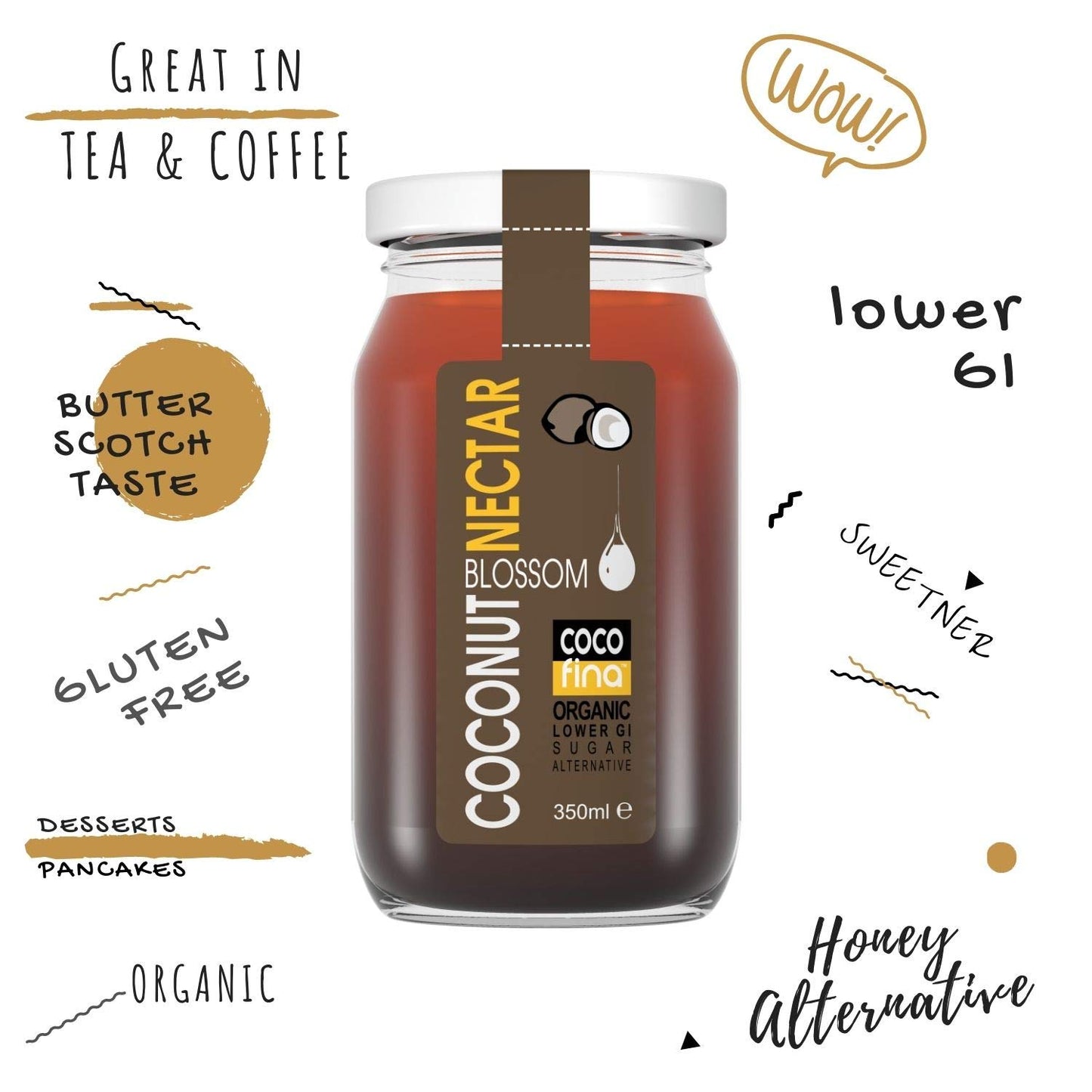 Cocofina Organic Low Glycemic Unrefined Coconut Sugar Nectar In Glass Jar 350 Ml