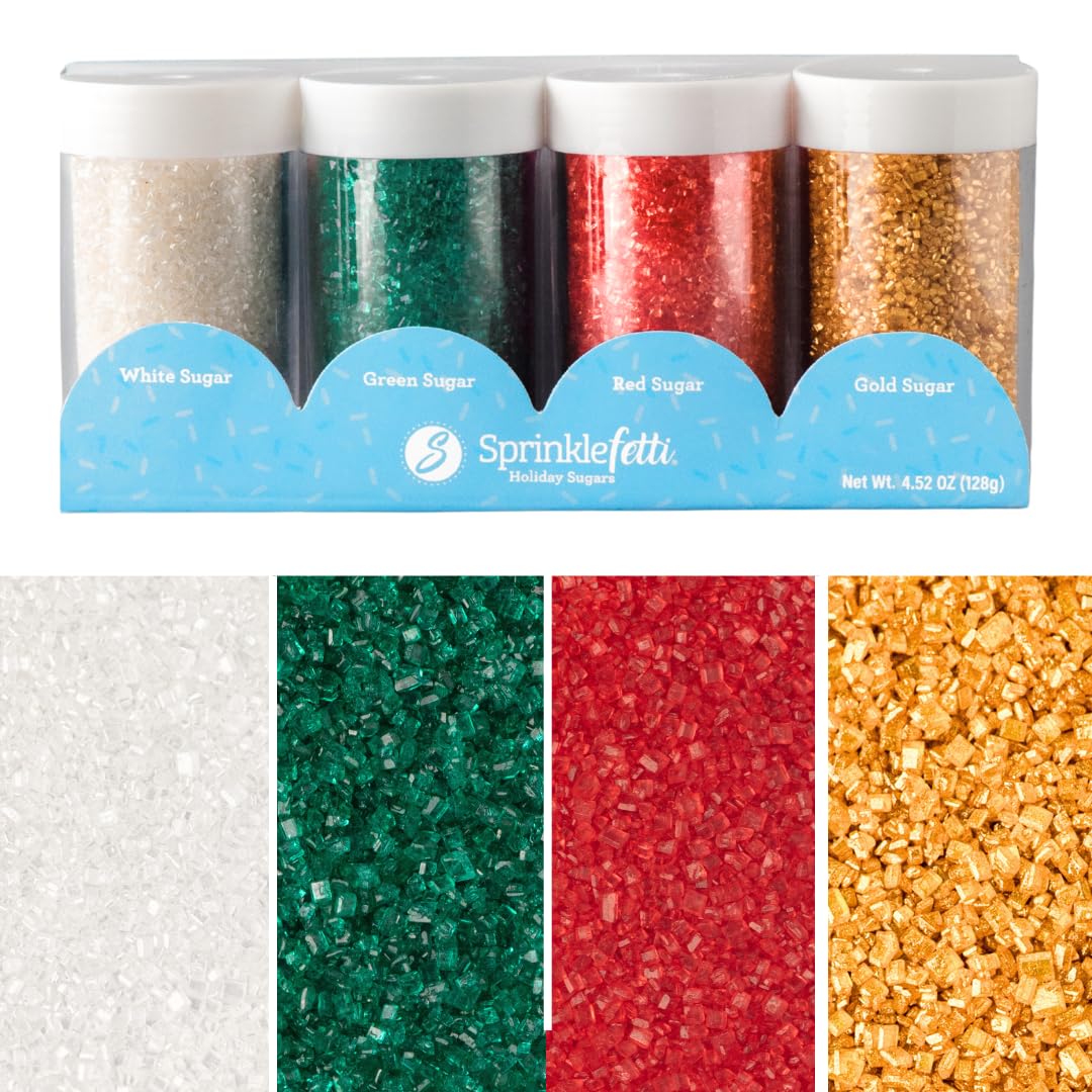 Sweets Indeed Christmas Baking Sugar Crystals 4-Pack - 4.52 Oz | White  Red  Green & Gold Sparkling Sugars | Holiday & Everyday Dessert Decorating Set