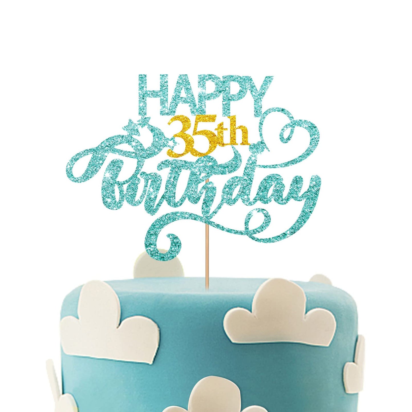 Sky Blue Glitter Happy 35Th Birthday Cake Topper, Thirty Five Years Old Birthday Party Cake Decor, Gold Number 35 Birthday Party