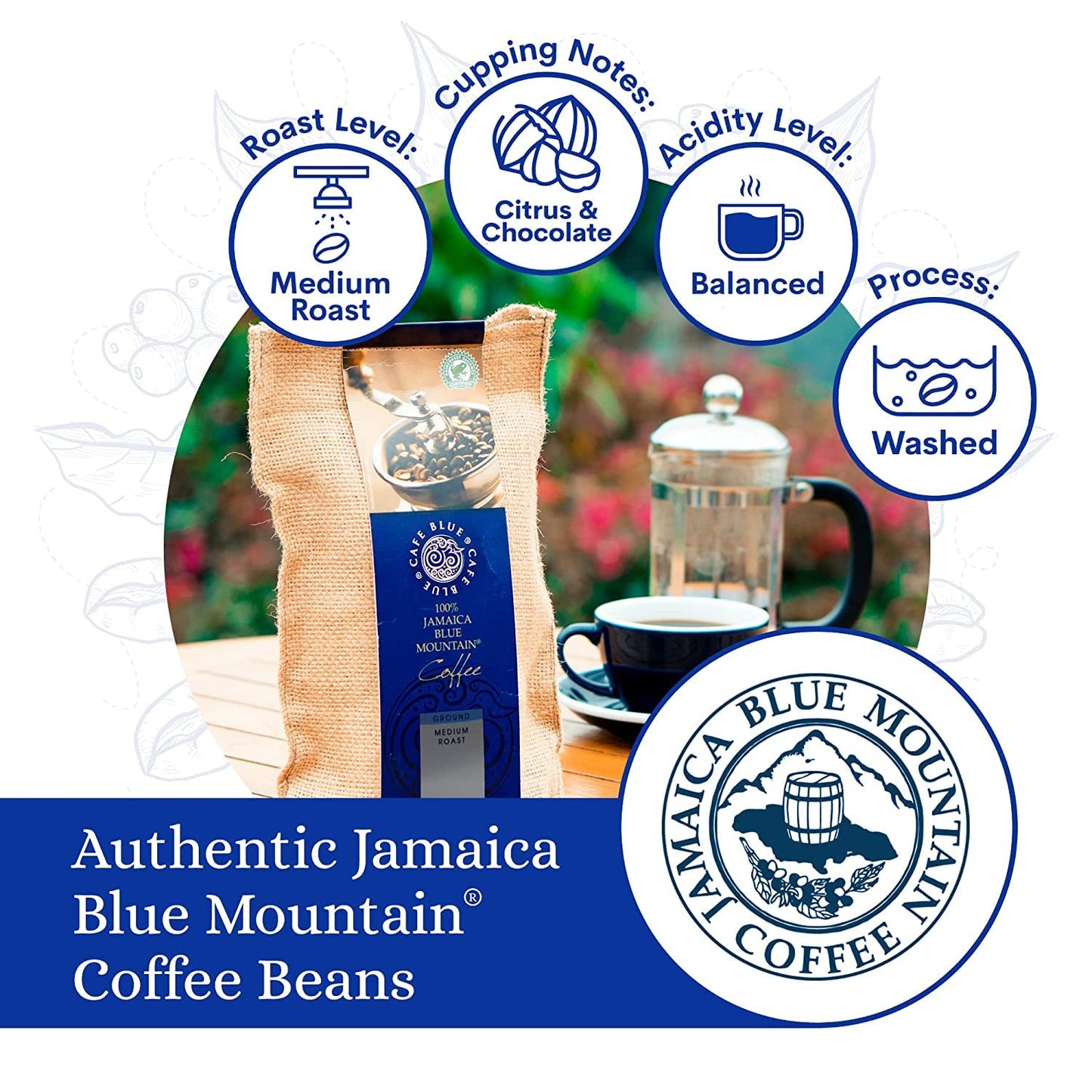 Cafe Blue - 100% Authentic Jamaica Blue Mountain Coffee (8 Oz), Small Batch Roasted Whole Beans, Jacra Certified, Freshly Proces