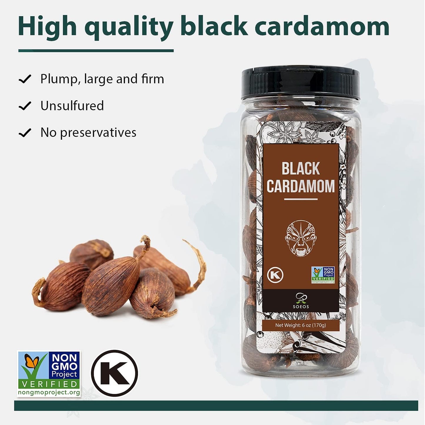 Soeos Black Cardamom 6 Ounces, Non Gmo Verified, Kosher, Asian And India Cooking Spice, Smoky Flavor, Freshly Dried Cardamom, Cardamom Seeds, Cardamom Pods For Cooking, Whole Kali Elaichi, 6Oz.