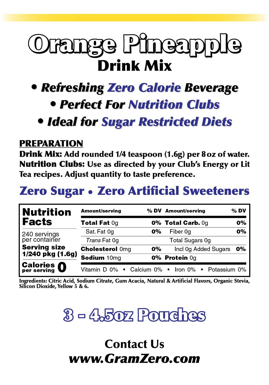 Gramzero Orange Pineapple Zero Calorie Sugar Free Drink Mix, Great For Nutrition Club Loaded Tea, Stevia Sweetened