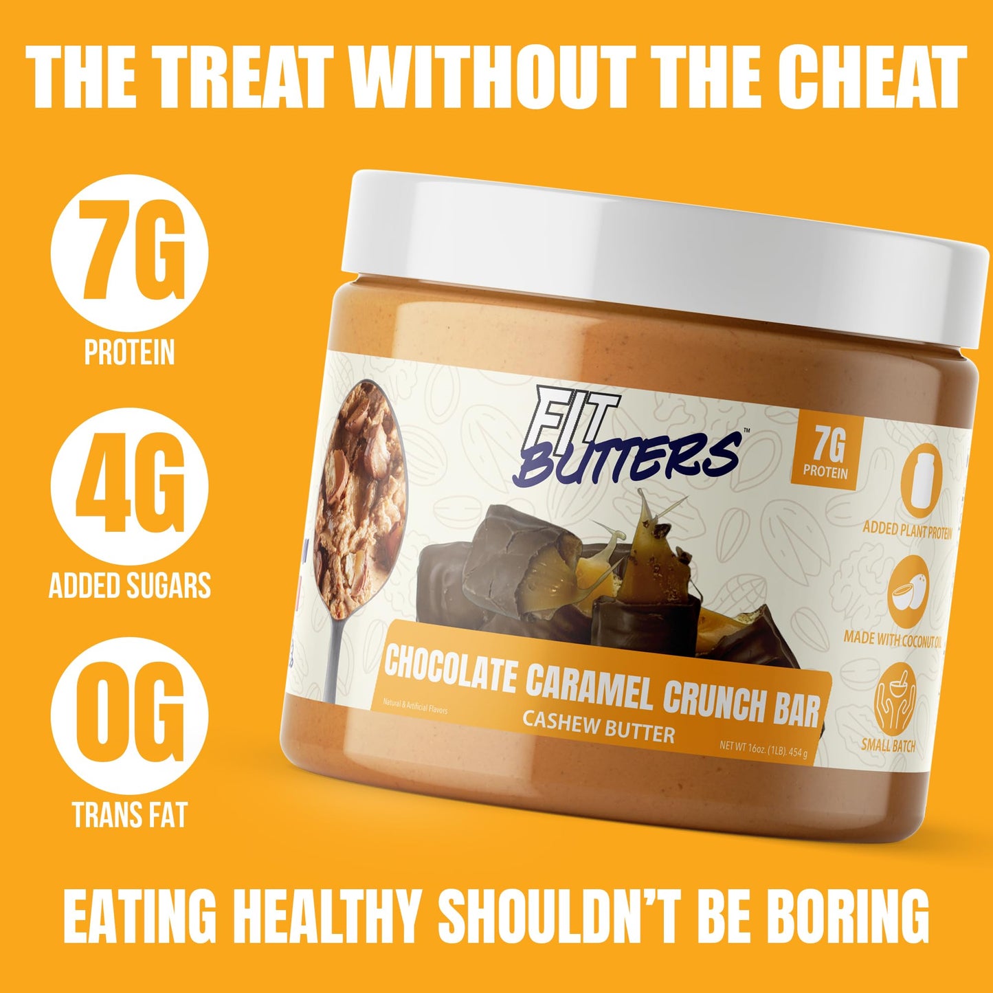 Fit Butters Chocolate Caramel Crunch Bar Cashew Butter Spread - Added Protein And Coconut Oil, Low Carb, Low Sugar, Complete Pro