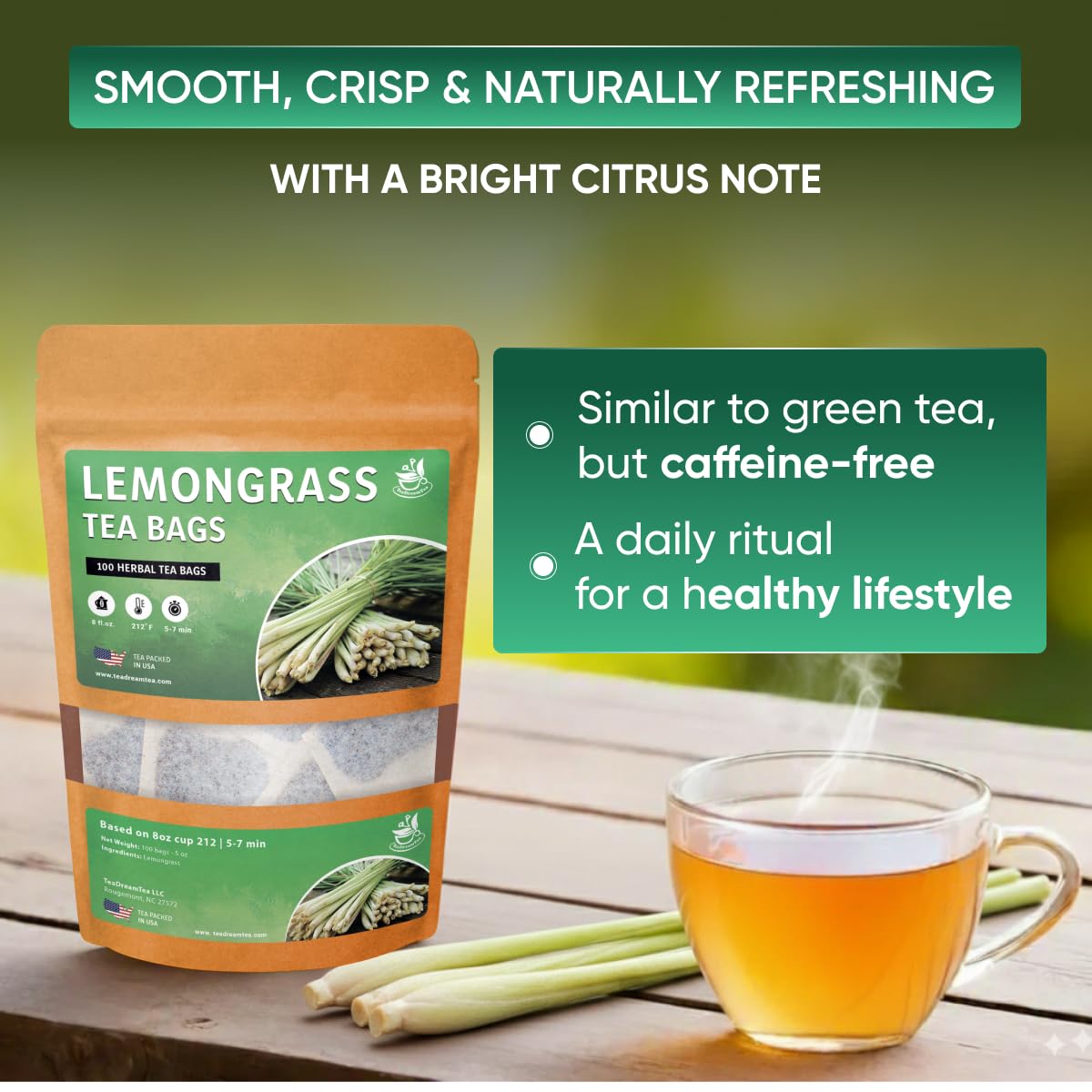 TeaDreamTea Lemongrass Herbal Tea Bags - Caffeine Free, 100 Count, Supports Healthy Digestion, Enjoy Hot or Cold