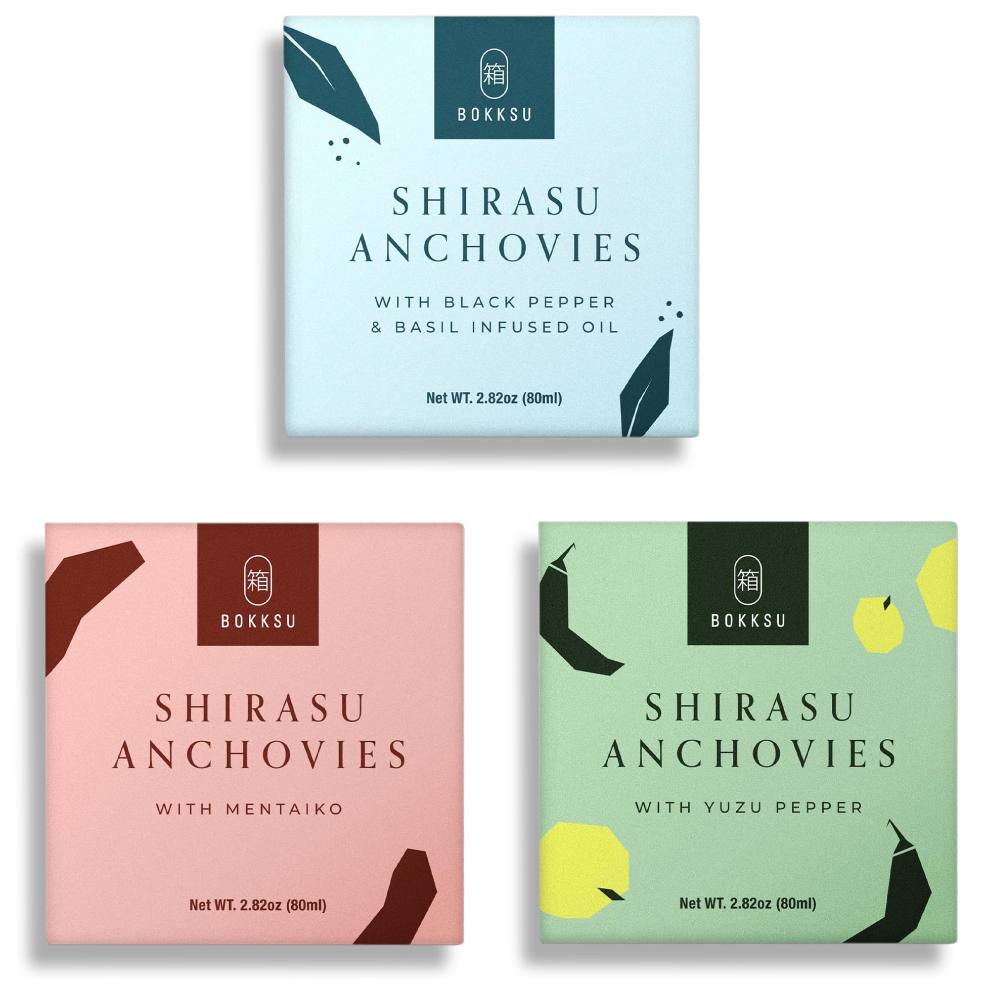 Bokksu Tinned Shirasu Anchovies Variety Pack (3-Pack) - Explore All Flavors - Black Pepper & Basil-Infused Oil, Yuzu Pepper, and