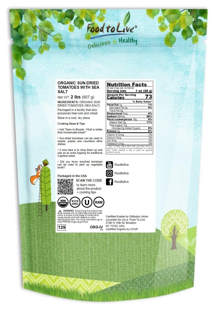 Food To Live - Organic Sun-Dried Tomatoes With Sea Salt, 2 Pounds - Salted, Non-Gmo, Kosher, Raw, Vegan, Unsulfured, Bulk