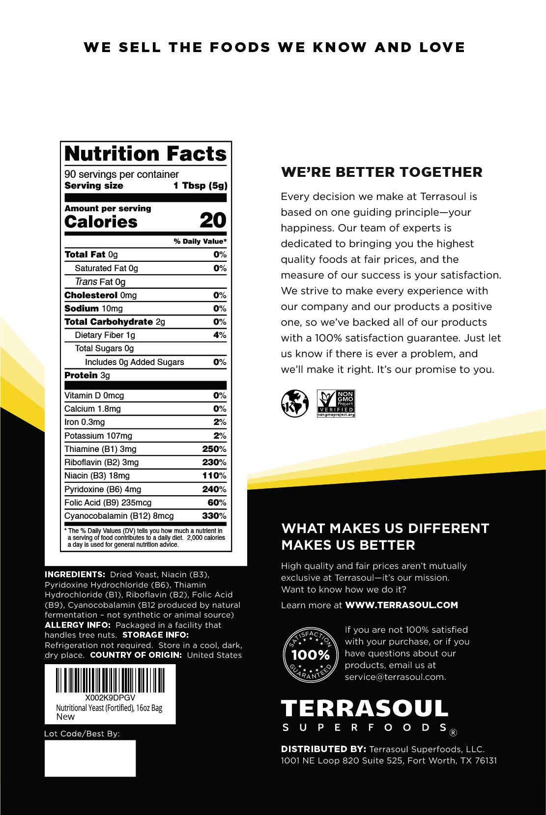 Terrasoul Superfoods Premium Nutritional Yeast Flakes, 16Oz - Fortified | Gluten Free | Non-Gmo | Vegan