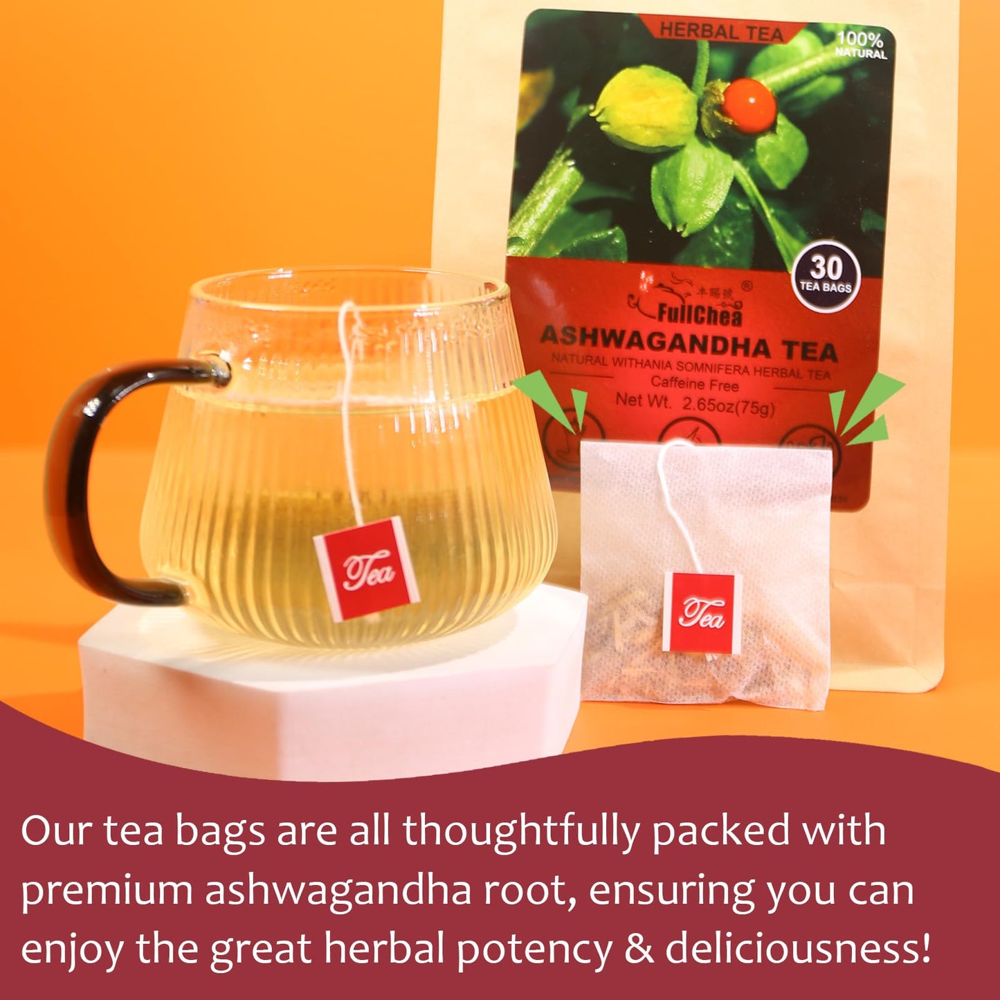 FullChea Ashwagandha Tea - Premium Natural Dried Root - Caffeine-free - 30 Count