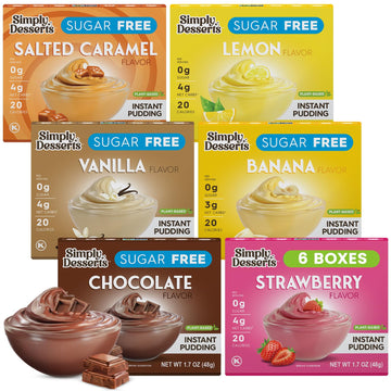 Simply Desserts Strawberry  Chocolate  Vanilla  Banana  Salted Caramel  Lemon Instant Pudding  Sugar-Free  Variety 6-Pack - Healthy Dessert  Keto Snacks  Vegan & Diabetic-Friendly  Kosher  1.7 Oz Ea