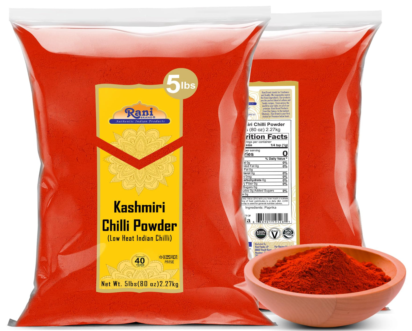 Rani Kashmiri Chilli Powder (Deggi Mirch,Low Heat) Ground Indian Spice 80Oz (5Lbs) 2.27Kg ~ All Natural | Salt-Free | Kosher | Vegan | Gluten Friendly | Perfect For Deviled Eggs & Other Low Heat Dishes