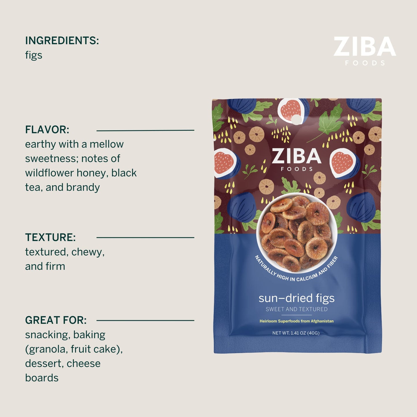 Ziba Foods Sun Dried Figs | Pack Of 6 | 1.41 Oz | No Sugar Added Non-Gmo, Gluten Free Dried Fig Snack | Vegan Figs Dried Fruit E