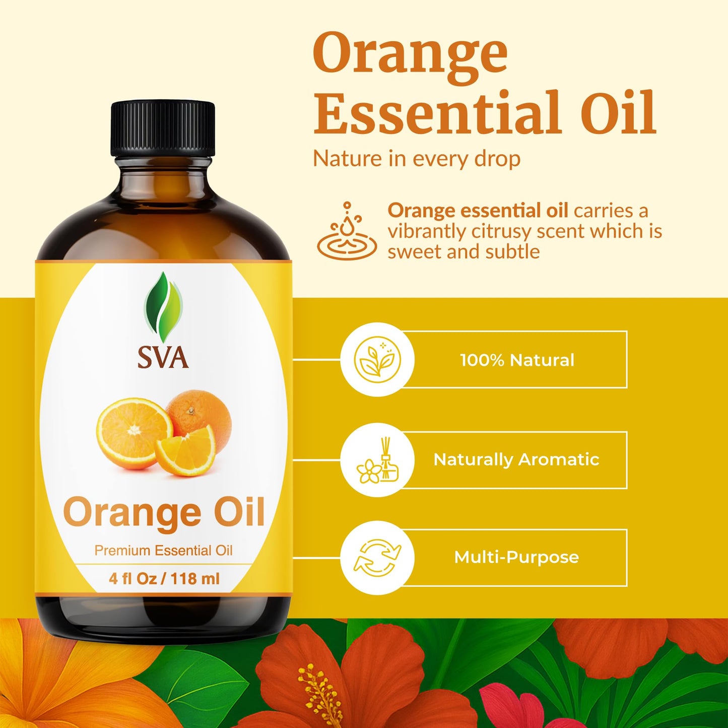 Sva Organics Orange Oil Sweet Brazilian 4 Oz 100% Pure Natural Undiluted Premium Therapeutic Grade Oil For Skin, Face, Hair, Mas