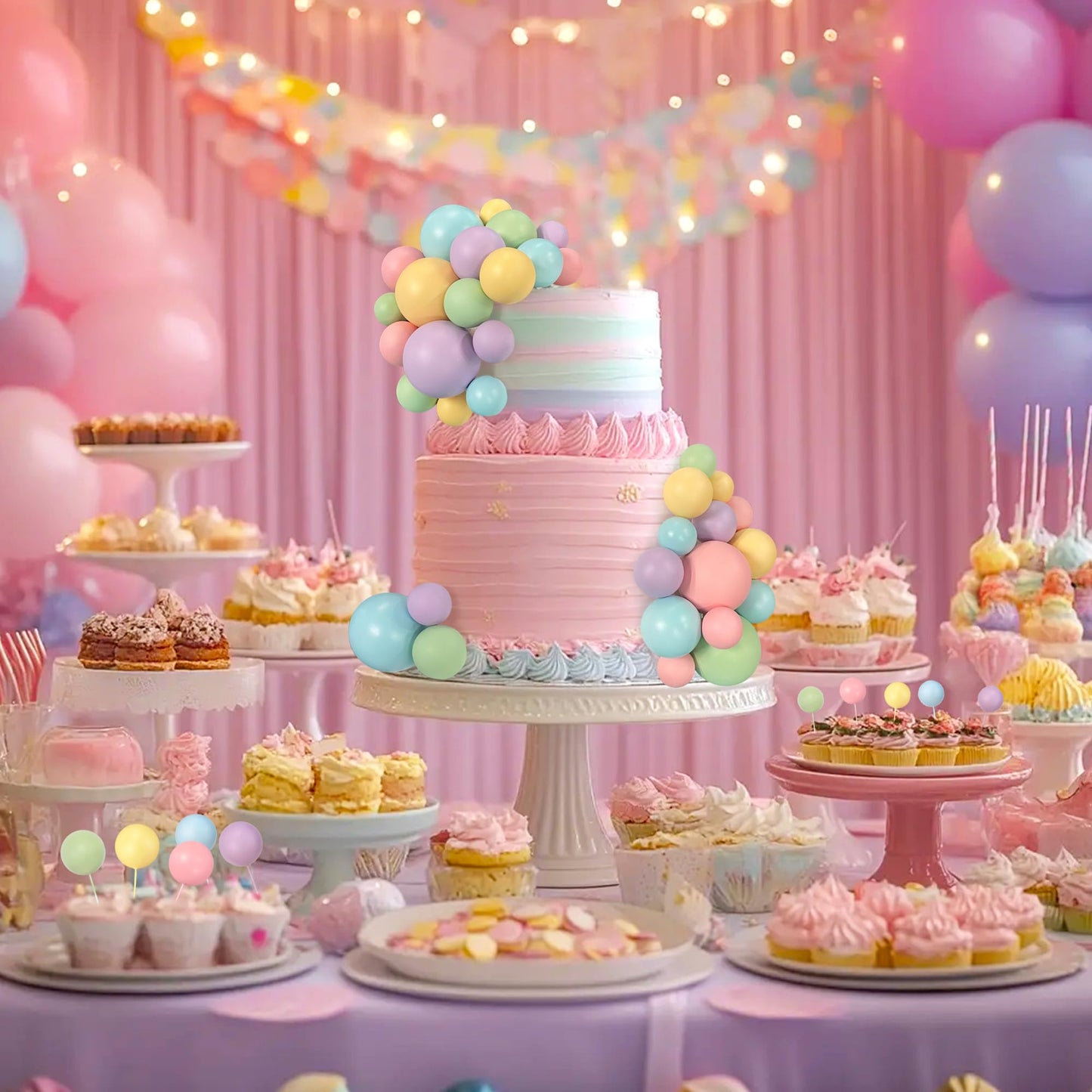 56 Pcs Colorful Ball Shaped Cake Topper Pearl Picks For Cupcake Insert, Birthday Party, Wedding Decoration Supplies (Pink, Yello