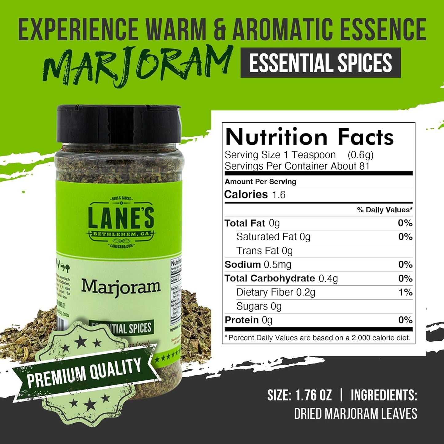 Lane'S Dried Marjoram Spice, All-Natural Marjoram Dried Leaves For Meats, Vegetables, And Sauces Marjorams Leaves, Made In Usa,