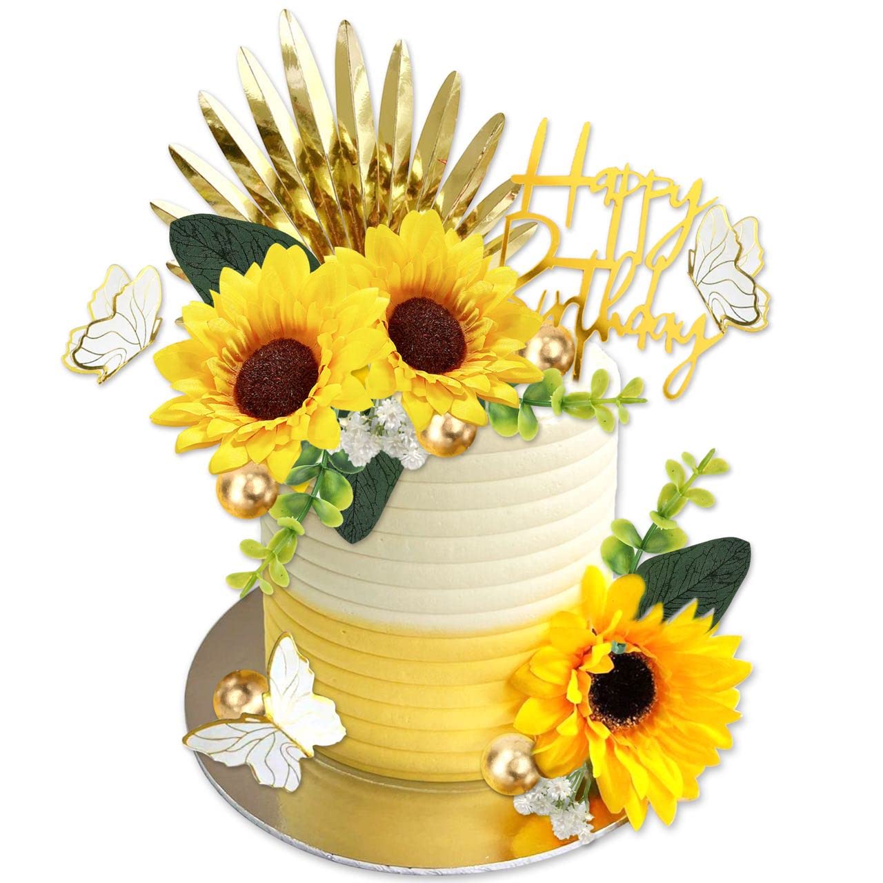 Ufromsky 34Pcs Sunflower Boho Cake Toppers Butterfly Cake Decorations Happy Birthday Cake Toppers With Gold Palm Leaves Balls An