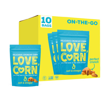 LOVE CORN | Salt & Vinegar Delicious Crunchy Corn | 1.6oz, 10 bags | Low-Sugar, Gluten-Free, Plant Based, Non-GMO